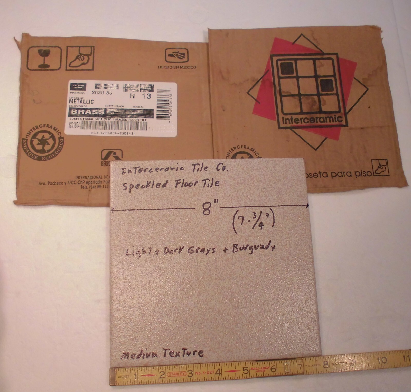 1 pc. Speckled: 7-3/4″ Ceramic Floor Tile: Light + Dark Grays with Burgundy, NEW