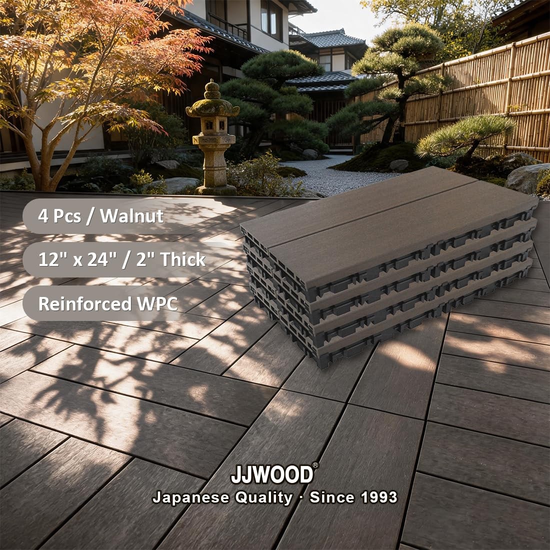 JJWOOD 2-Inch Thick Interlocking Deck Tiles, 4 Pcs 12″ x 24″ Reinforced WPC P…