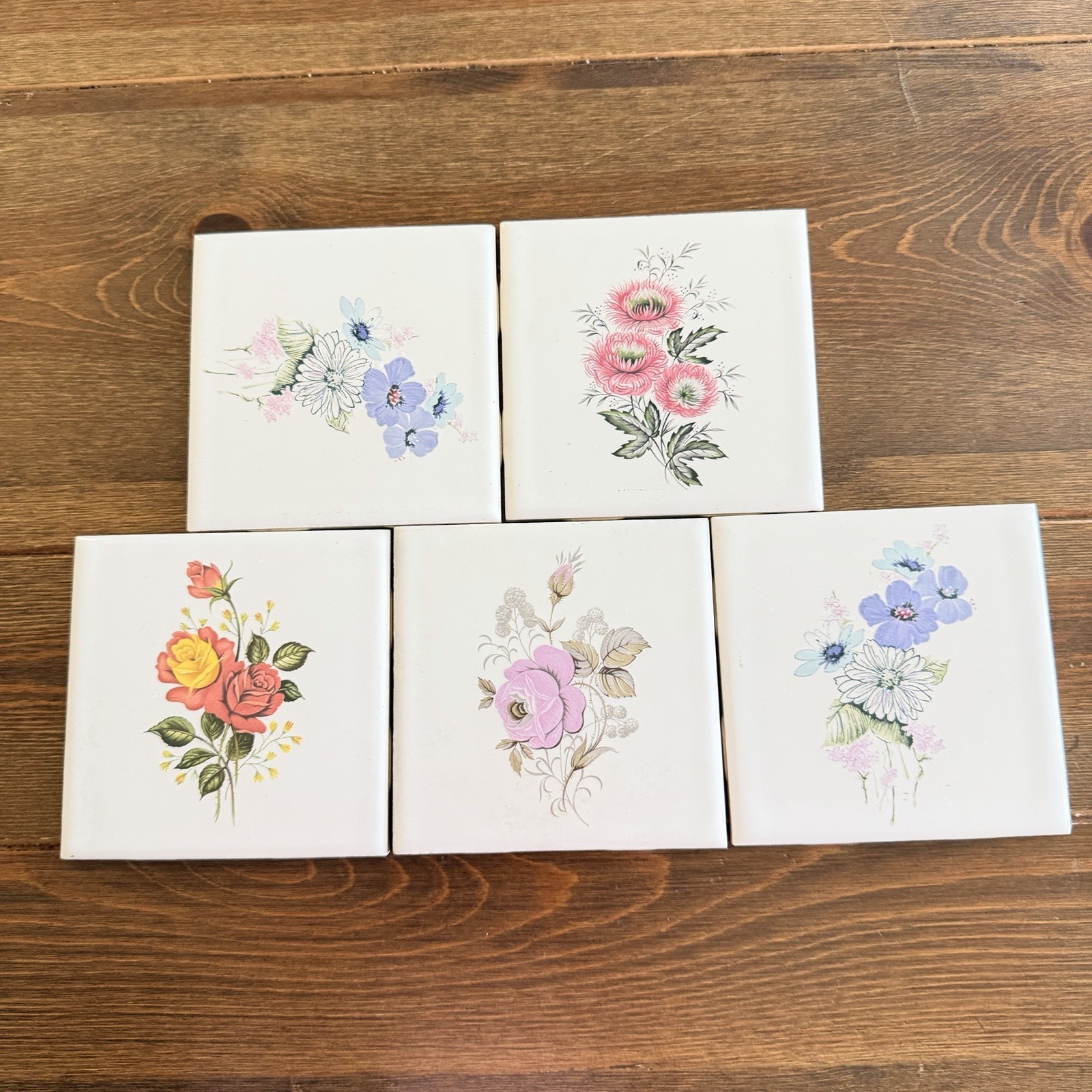 Vintage Ceramic Tiles Florals 4.5 “X 4.5” Made In Canada Set Of 5