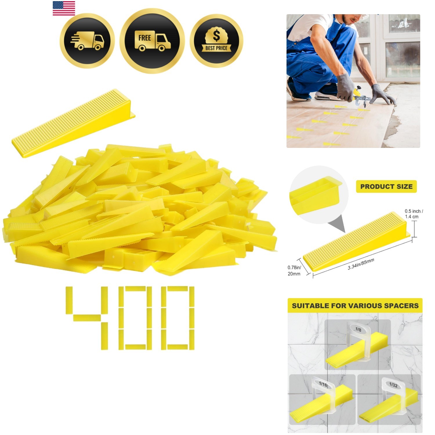 Tile Leveling System Tile Wedges, 400PCS Reusable Tile Leveling Wedges for 1/…