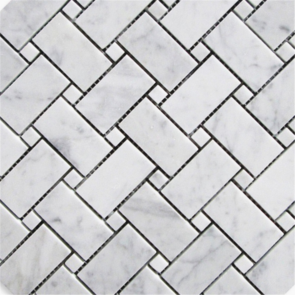 C650XH Carrara Venato Marble Basketweave Mosaic Tile White Dots Honed 1×2