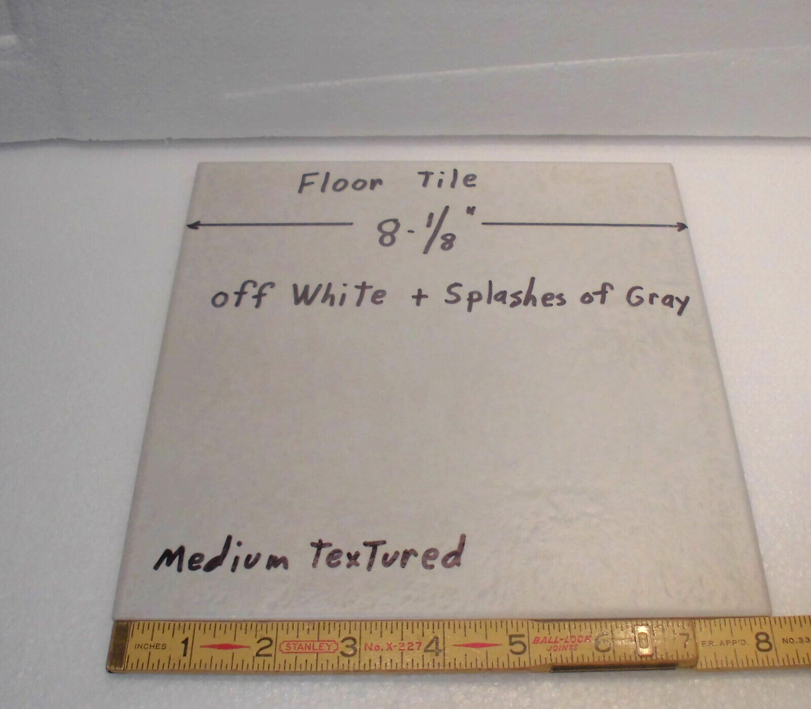 1 pc. Ceramic 8″ Floor Tile: Off-white with Mixed Grays, Medium Textured, New