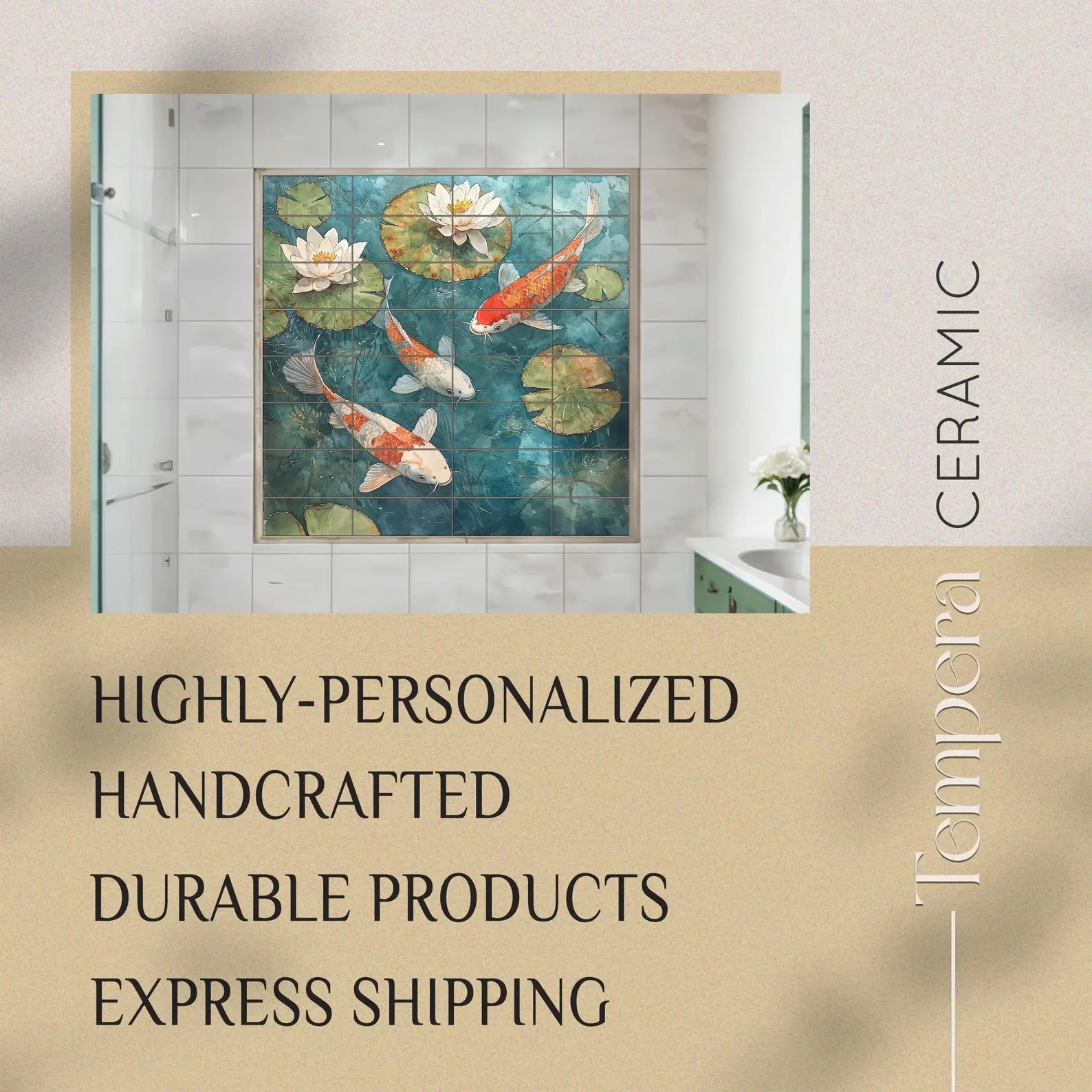 Koi Fish tiles mural, Koi fish pond tiles backsplash, koi on tiles art decor