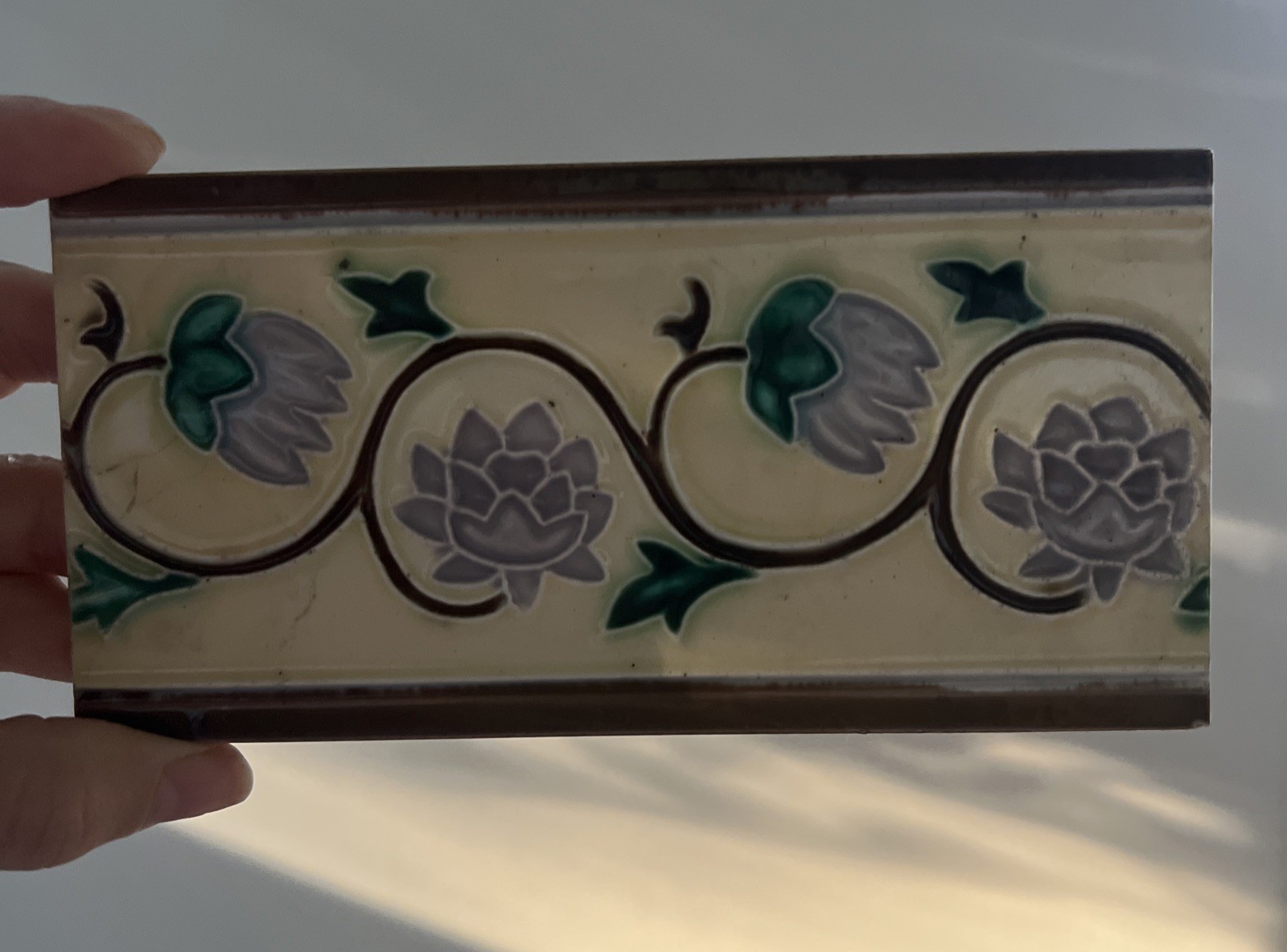 Antique Japanese Majolica Border Tiles Danto Kaisha DK Lotus Vine 6×3 Lot of 4