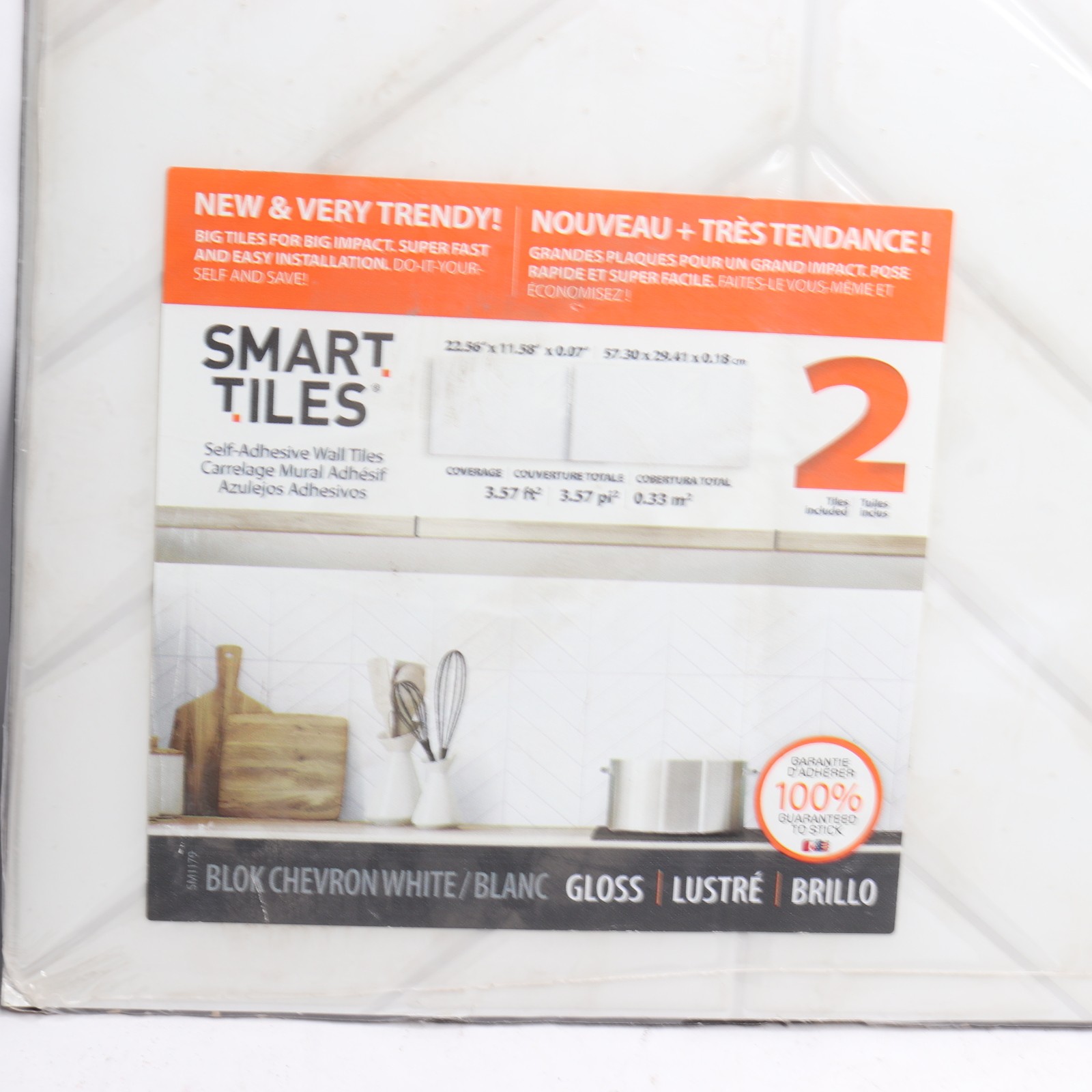 (2-Pk) Smart Tiles Chevron Peel & Stick 3D Tile Paper Backsplash Vinyl White XL