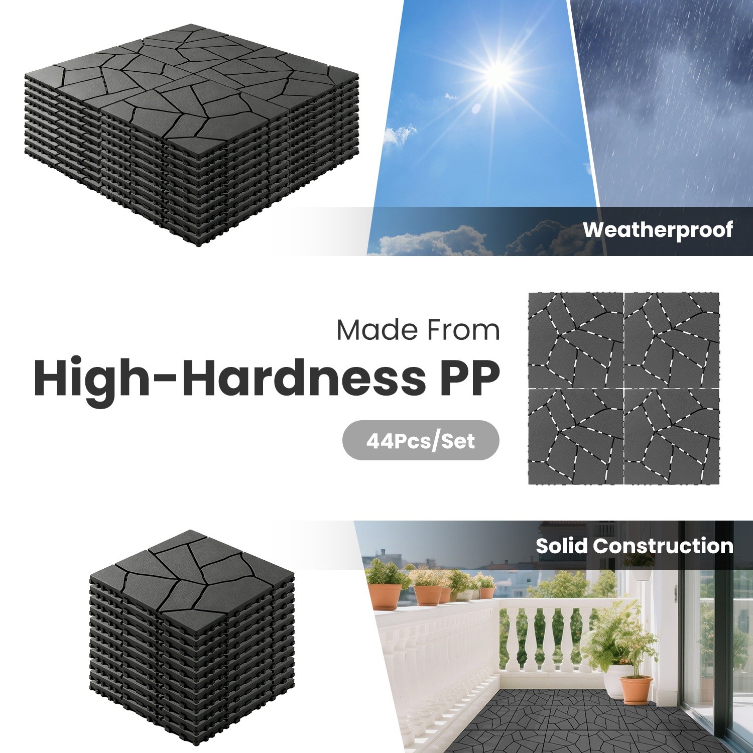 44x Per Set 12In Stone Pattern Interlocking Patio Deck Tiles for Outdoor Balcony