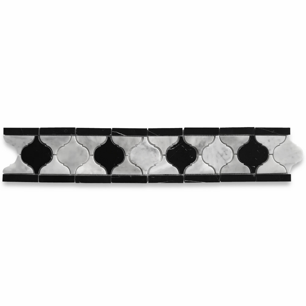 C892B2XP Carrara Venato Marble Arabesque Baroque Border Tile Mix Black Polished