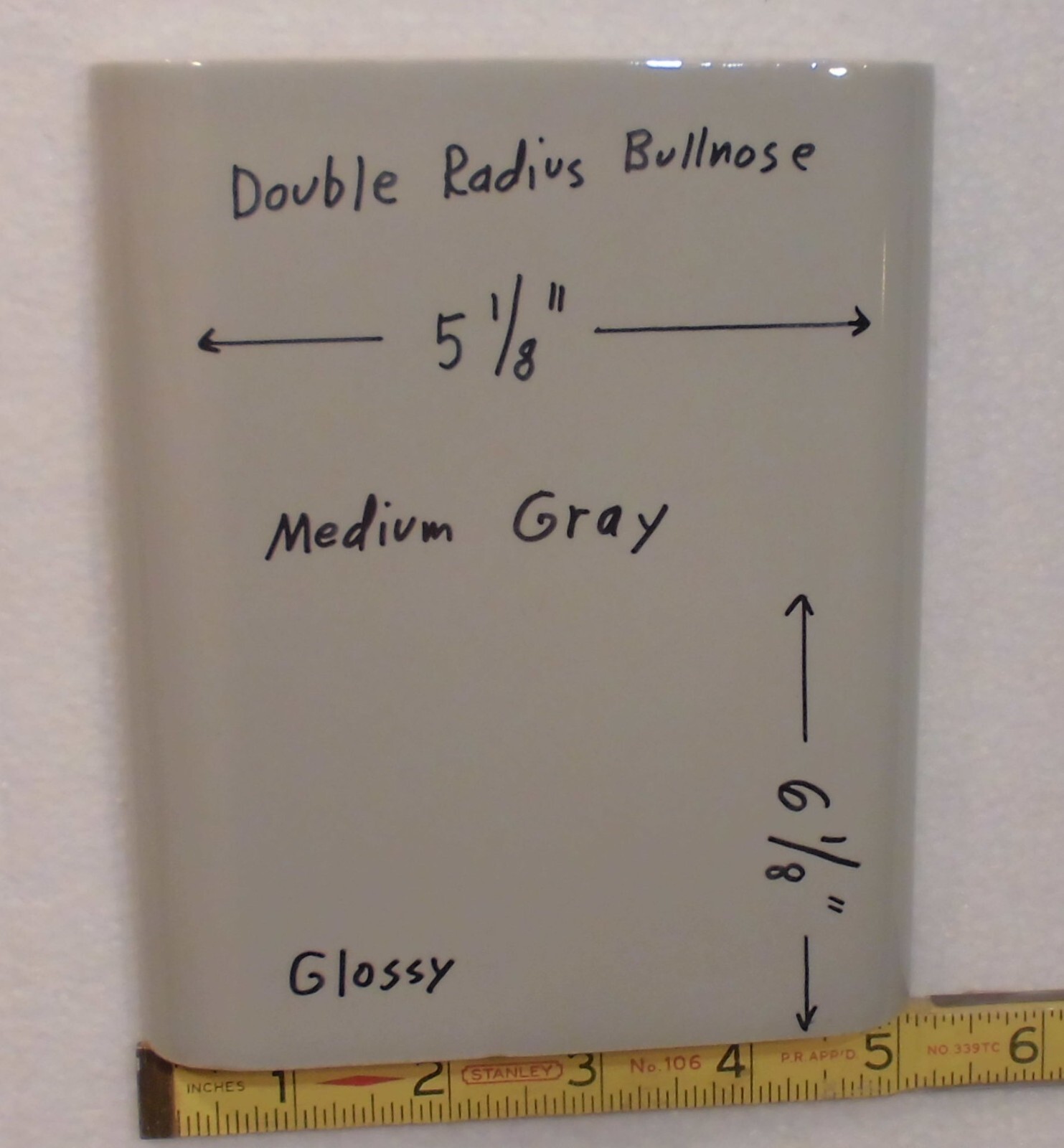 Medium Gray: Classic Glossy Double Radius Bullnose Ceramic Tile; 5-1/8″ X 6-1/8″