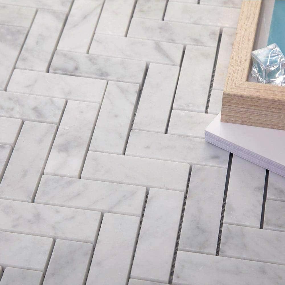 Soulscrafts White Carrara Marble Mosaic Tile, Marble Tile 1×3 Herringbone Pol…