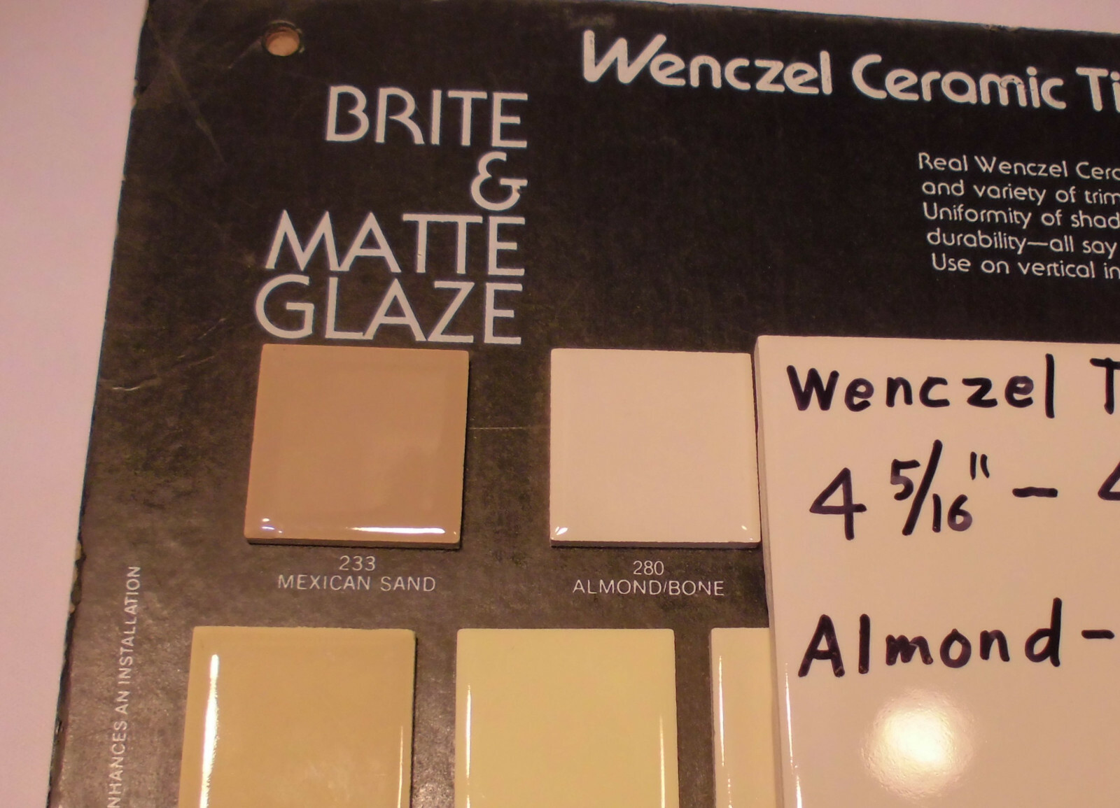 1 pc. *Almond – Bone* Glossy Ceramic Tile by Wenczel Tile Co. 4-5/16″- 4-3/8″