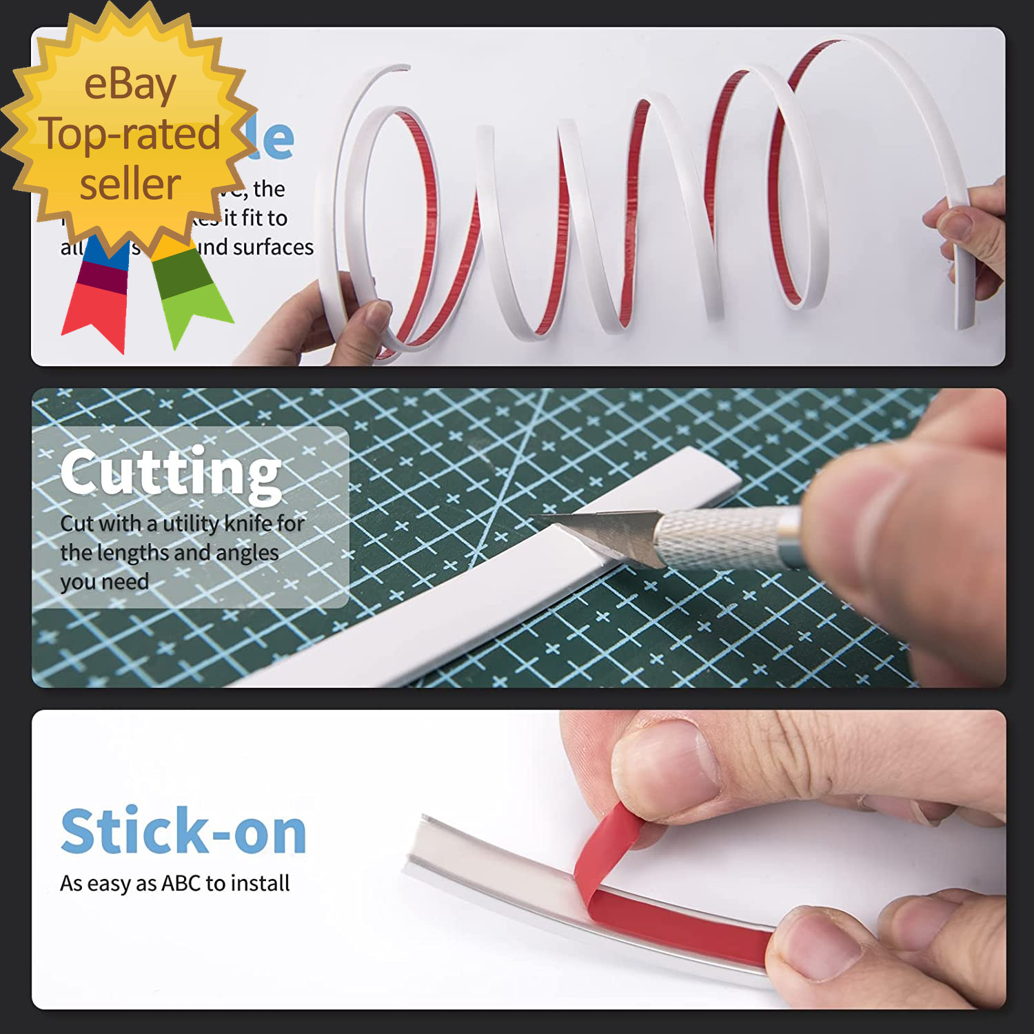 10 Ft Peel and Stick Flexible Vinyl Molding Trim for Wall Tile Edges, Kitchen Ba