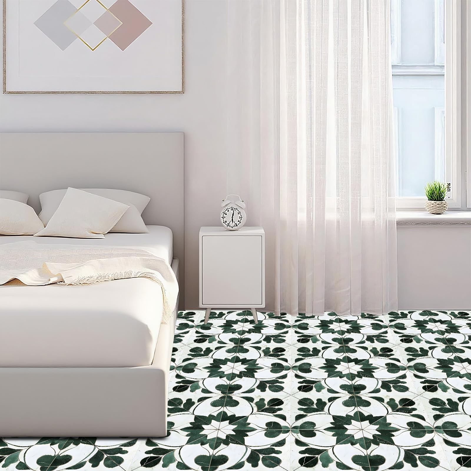 Peel and Stick Vinyl Floor Tiles, 11.8″x11.8″ Green Leaf Geometric Pattern, 1…