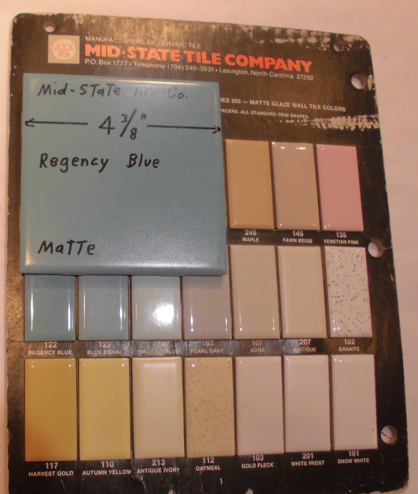 1 pc. Regency Blue: Matte Ceramic Tile 4-3/8″ by Mid-State Tile Co. NOS