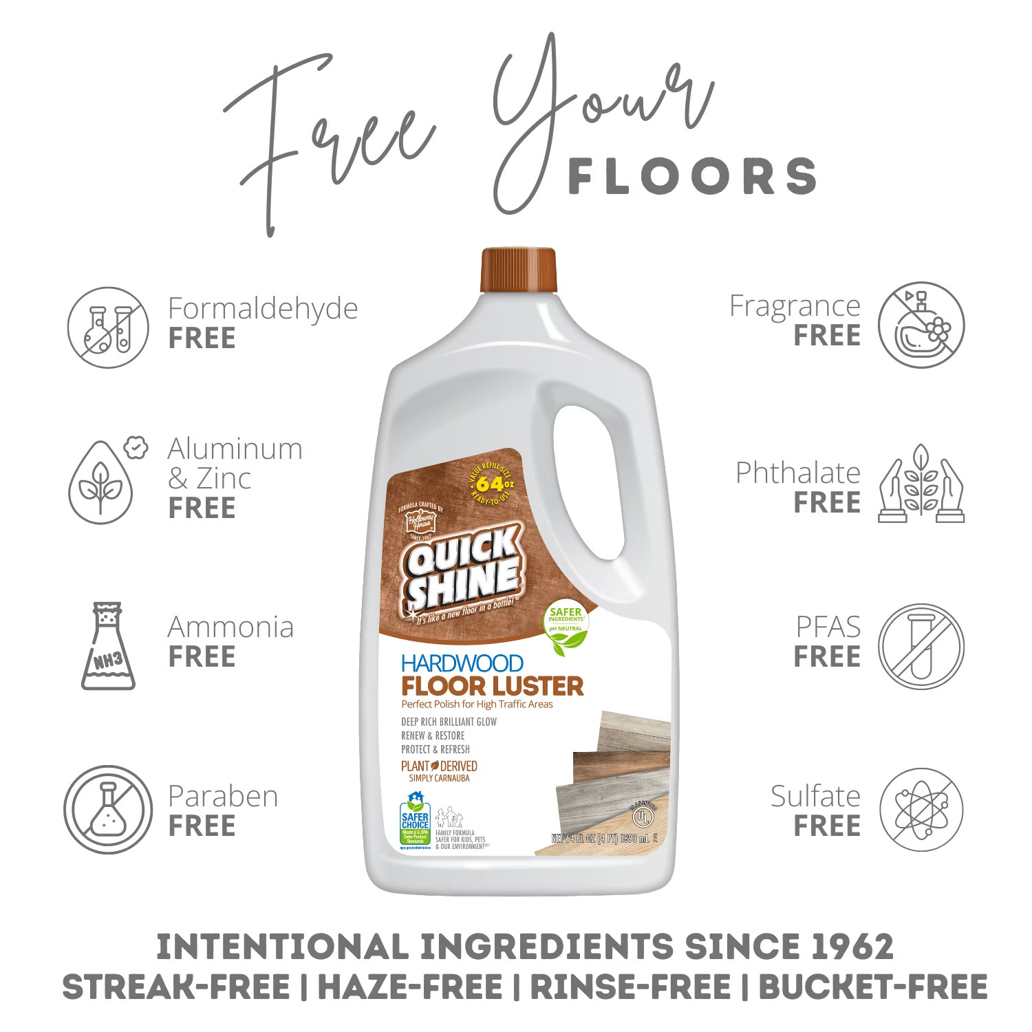 2 Pack Quick Shine Hardwood Floor Luster 64oz PFAS Free Floor Polish and Finish