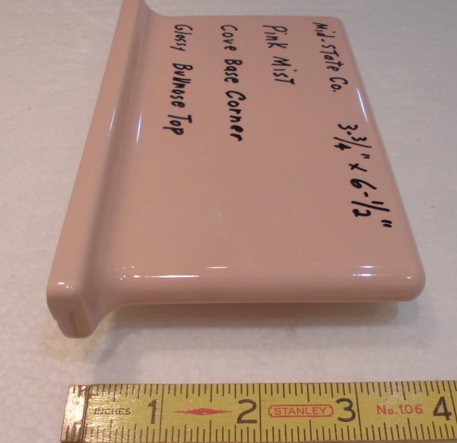 1 pc. *Pink Mist* Finish Corner Bullnose Top cove/base Ceramic Tile 3.75″ X 6.5″