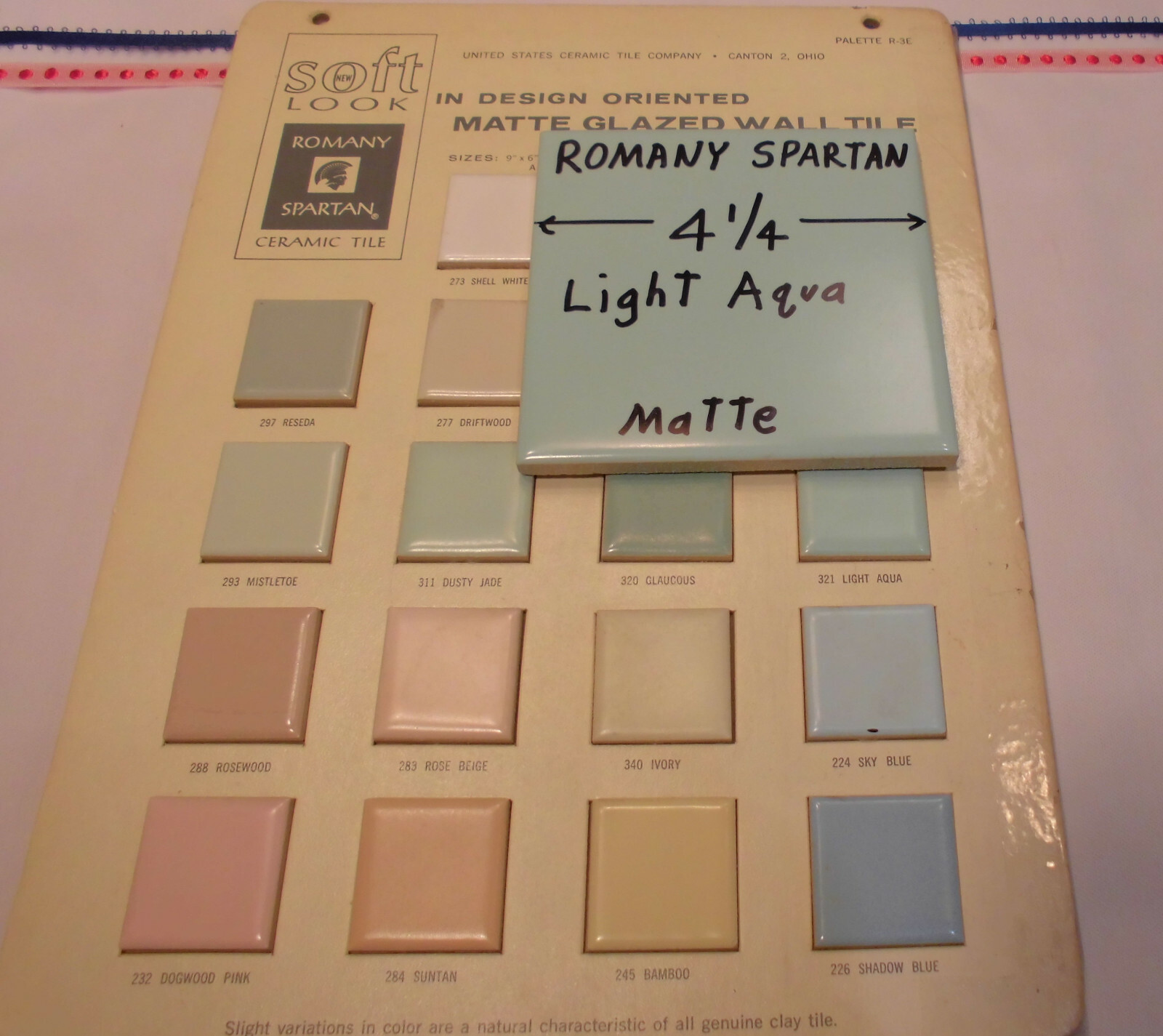 1pc. *Aqua / Light Blue * 4-1/4″ Matte Ceramic Tile; Romany Co. Made 1940’s