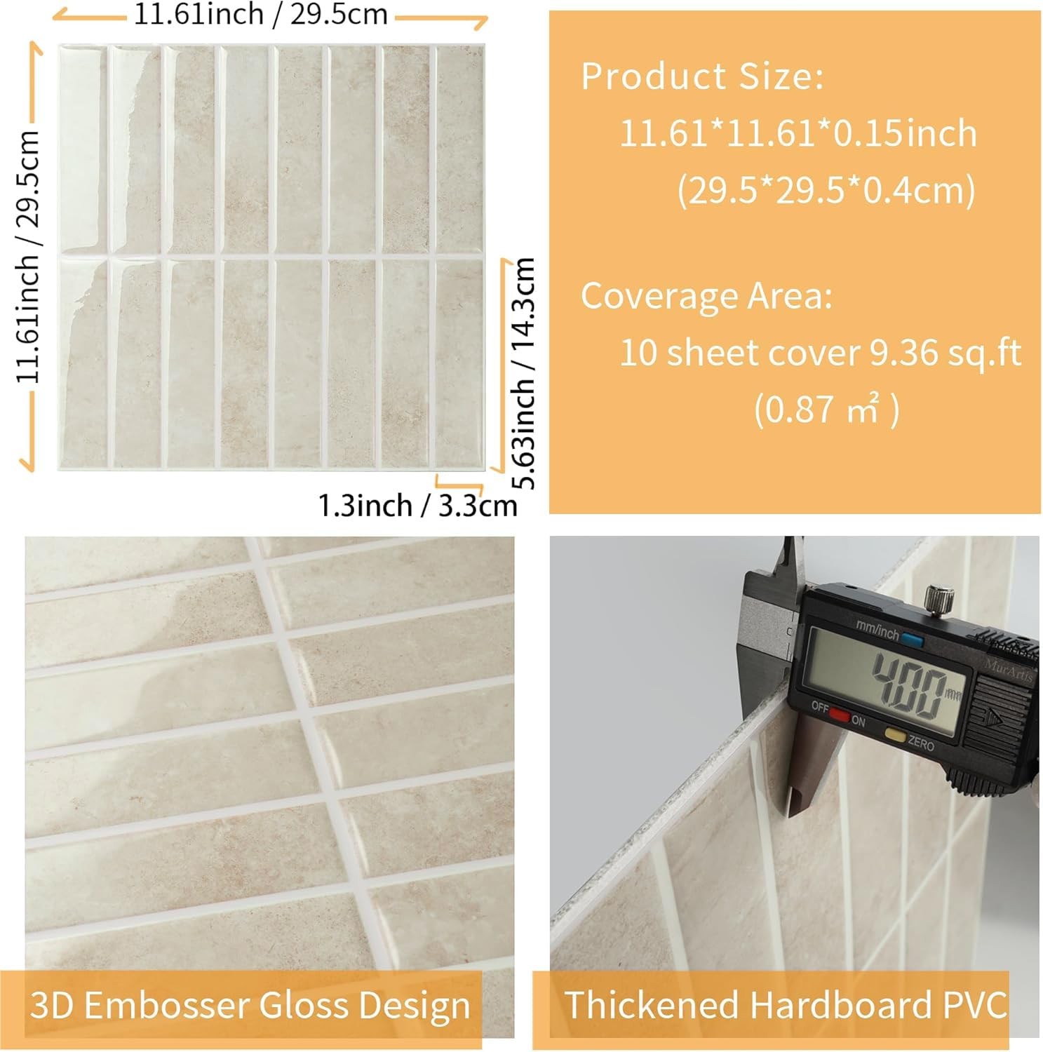3D Peel and Stick Backsplash, 11.61” x 11.61”, Beige, Marble
