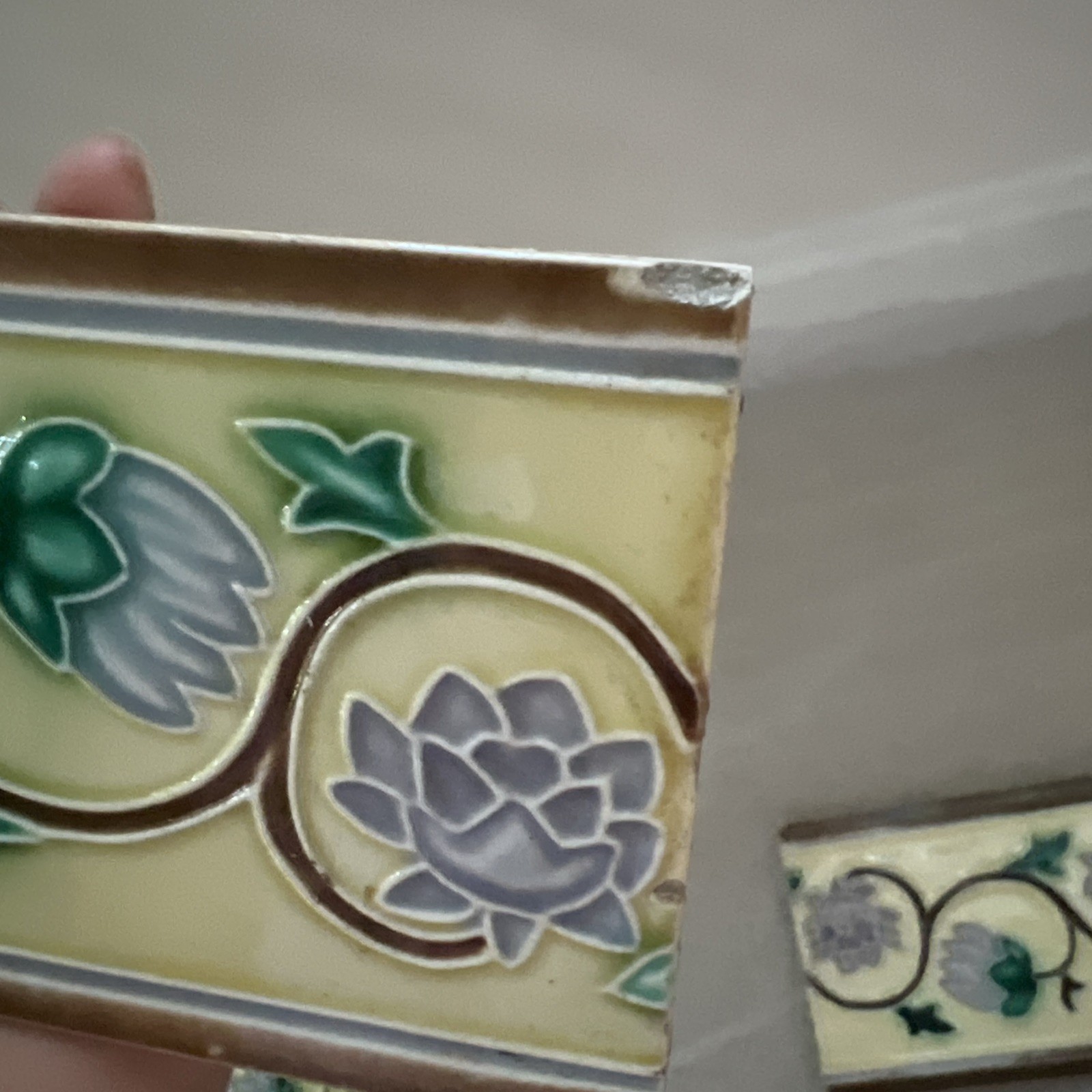 Antique Japanese Majolica Border Tiles Danto Kaisha DK Lotus Vine 6×3 Lot of 4