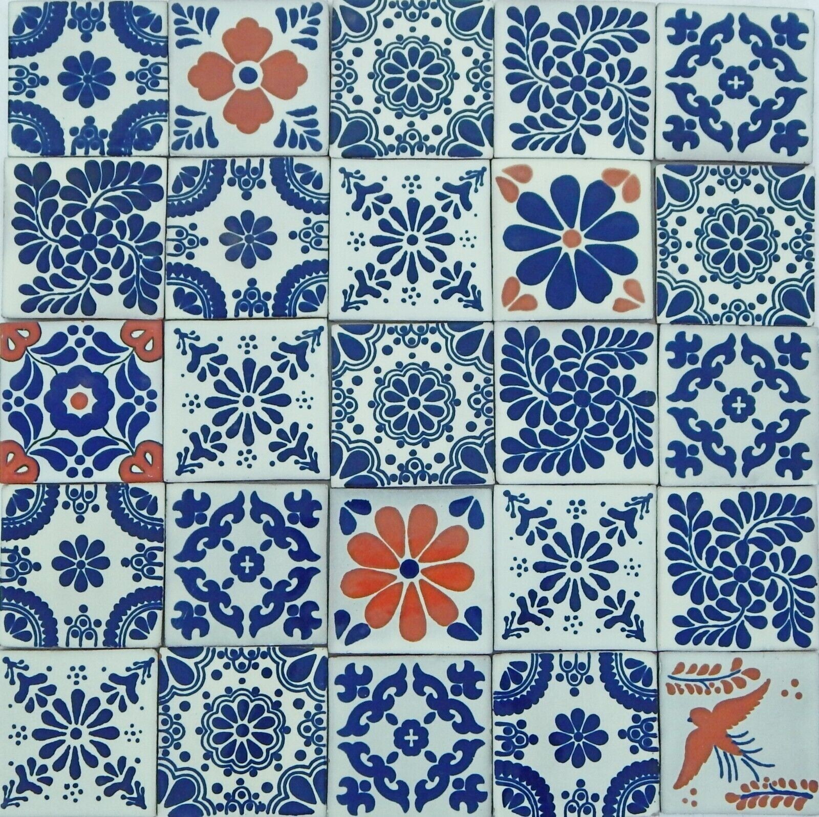 100 PCS MEXICAN TALAVERA TILES 4×4 TERRACOTTA & BLUE MIX FOLK ART