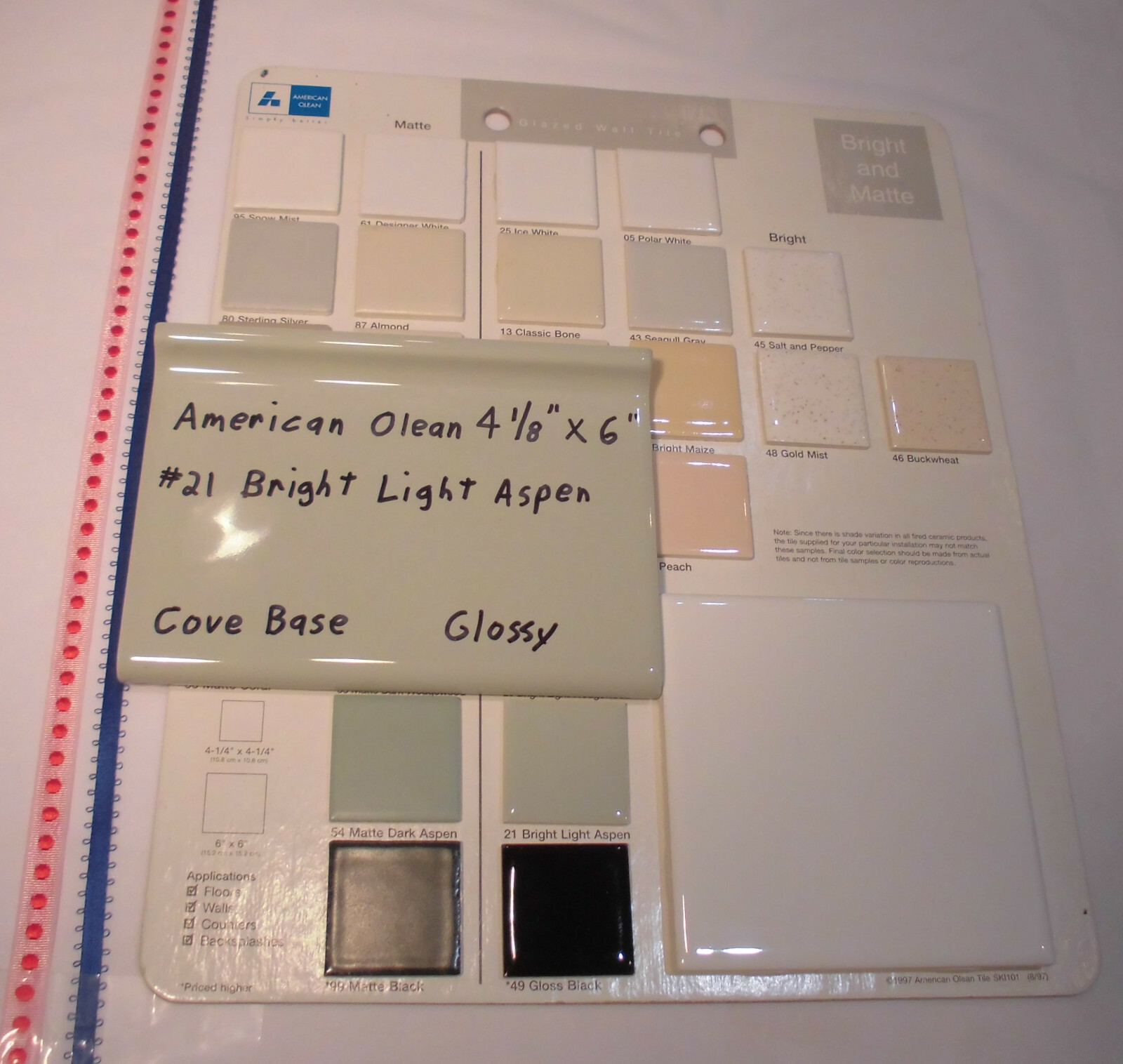1 pc. Bright Light Aspen-Green; base/cove Ceramic Tile; 4-1/8″ X 6″ by A. O. #21