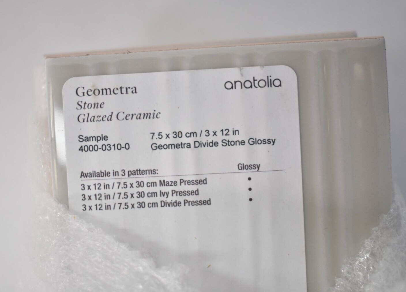 Lot of 6 Anatolia Geometra Glazed Ceramic Tiles Samples 3″ x 12″ Stone White