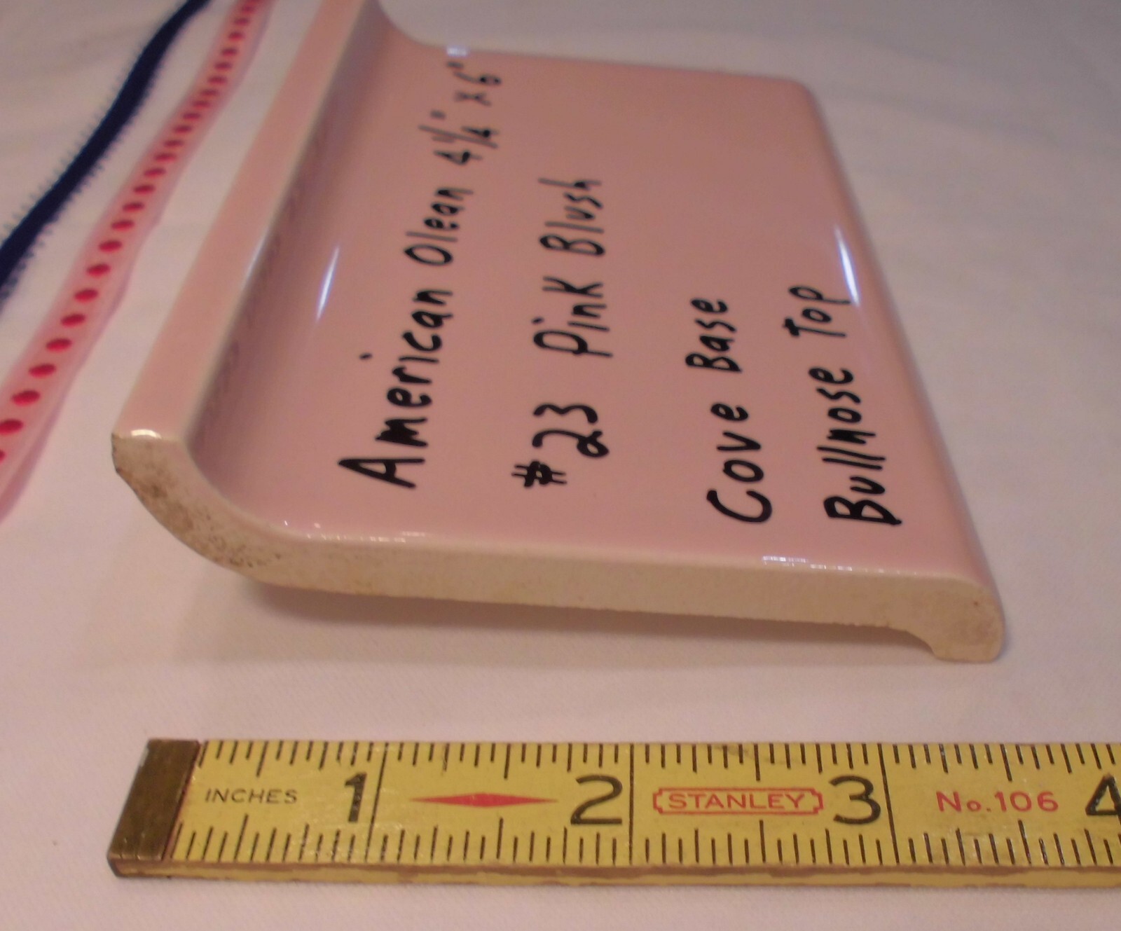 1 pc. Pink Blush #23 Bullnose Top; base/cove Ceramic Tile; 6″ American Olean