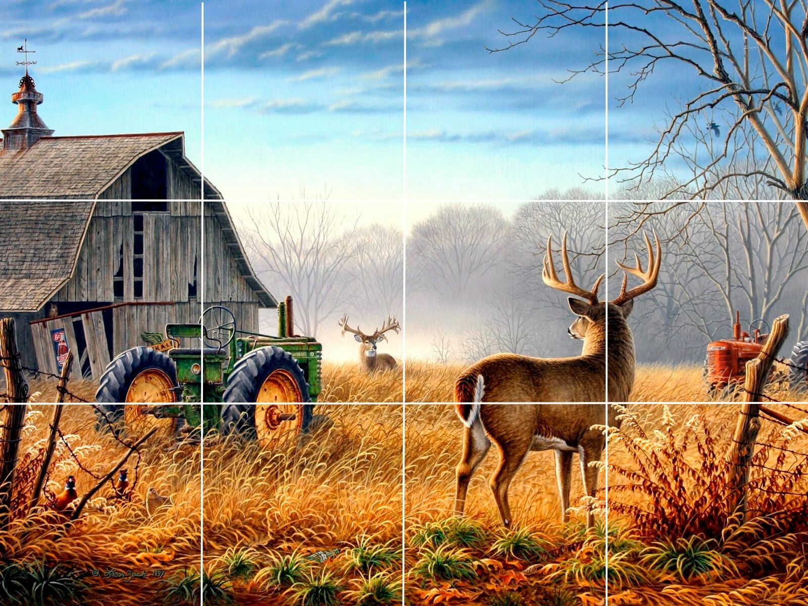 old rivals deer in country farm with tractor barn ceramic tile mural backsplash