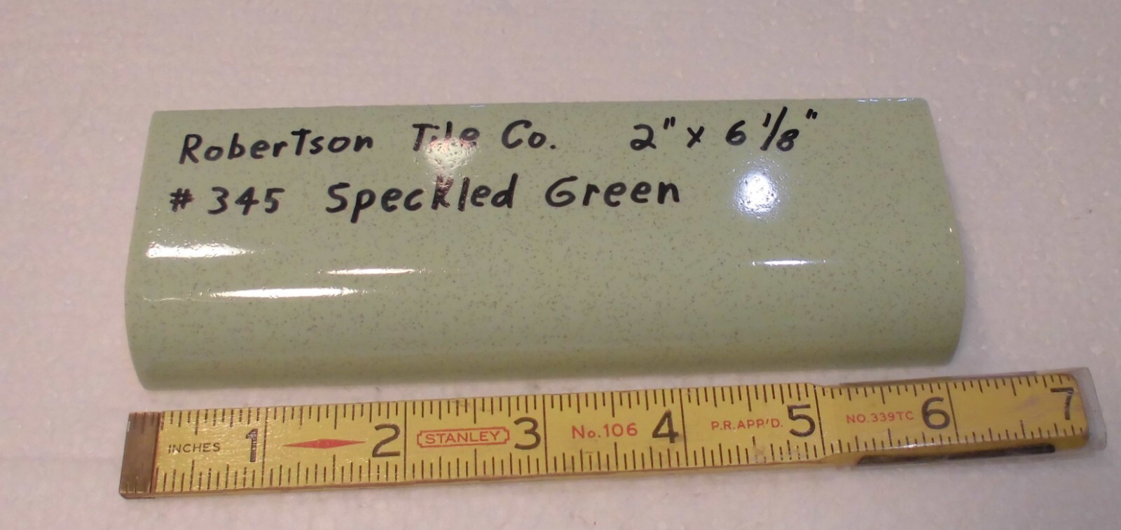 1 pc. Stardust Green: Ceramic Tile; 2″ X 6-1/8″ Radius Bullnose by Robertson Co.
