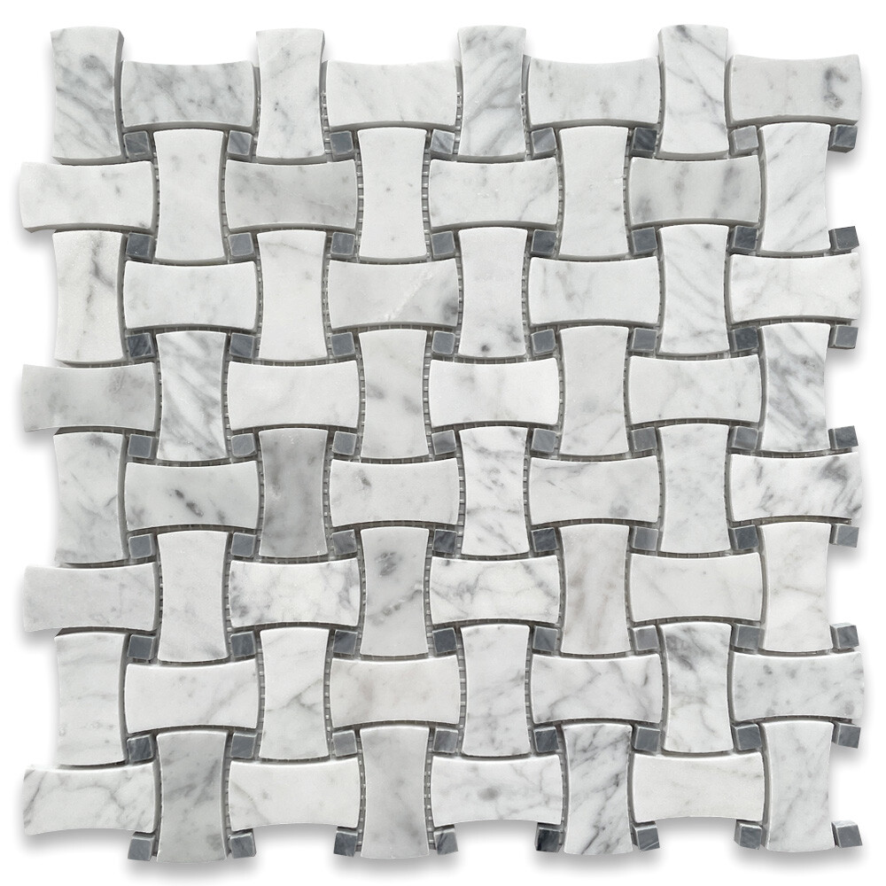 C677XP Carrara Venato Marble DogBone Basketweave Mosaic Gray Dots Tile Polish