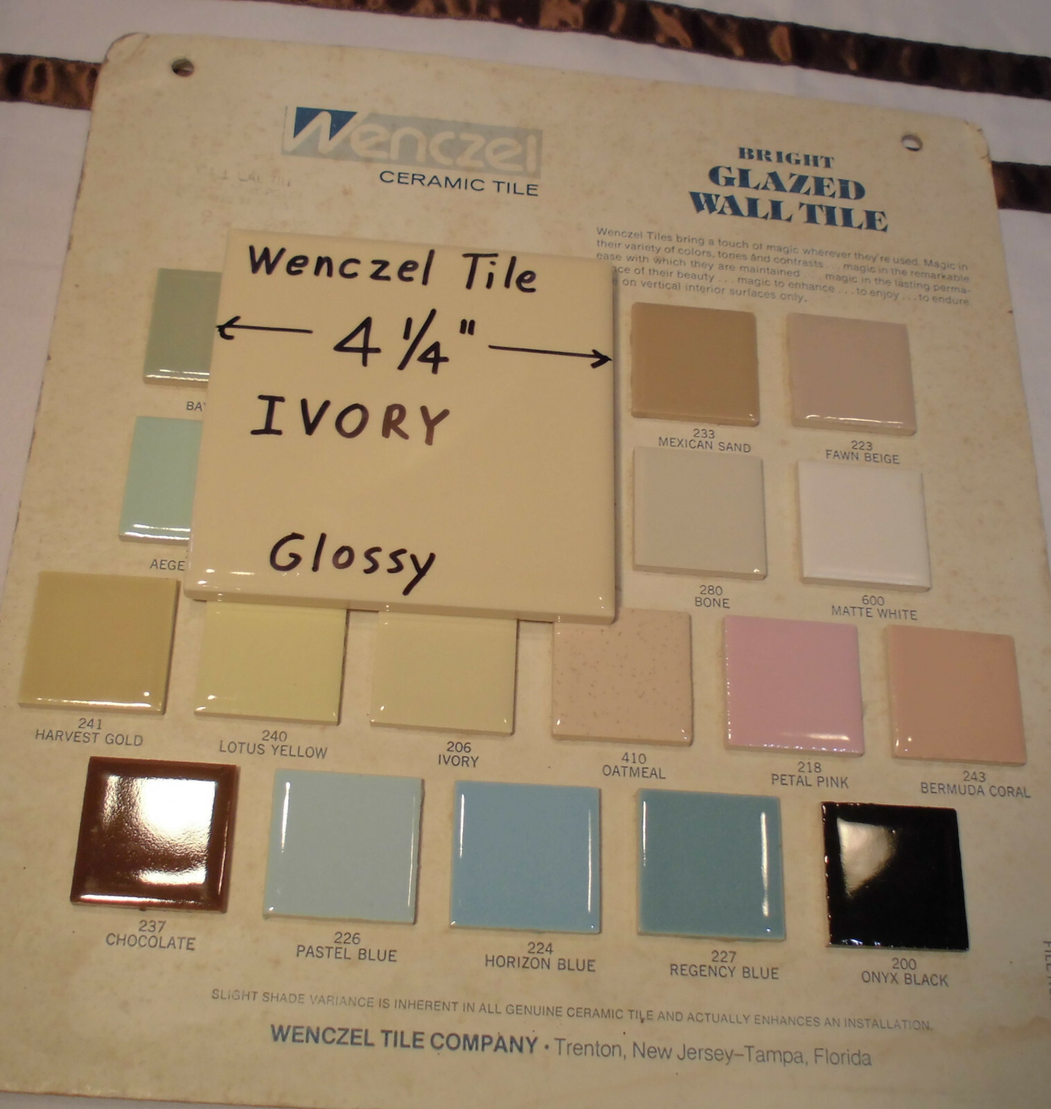 1 pc. *Ivory* 4-1/4″ Glossy Ceramic Tile by Wenczel Co. NOS Criteria 1940’s