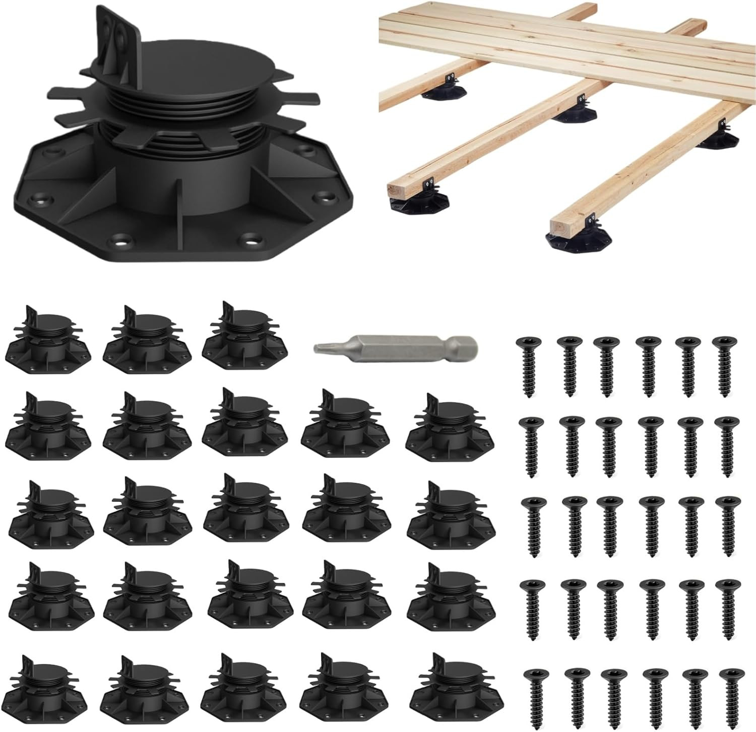Deckit 24-Pack Adjustable Deck Support Pedestals, 1.18″–2.36″ (30–60 Mm), for 2×