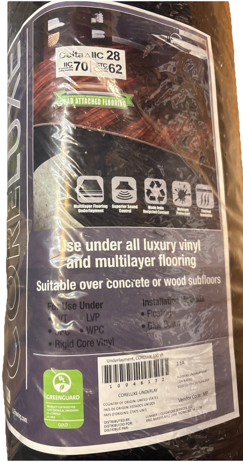 CoreLux Luxury Vinyl Underlayment 100 sq ft, 3ft Wide—NEW—SHIPS IN 24 HOURS—