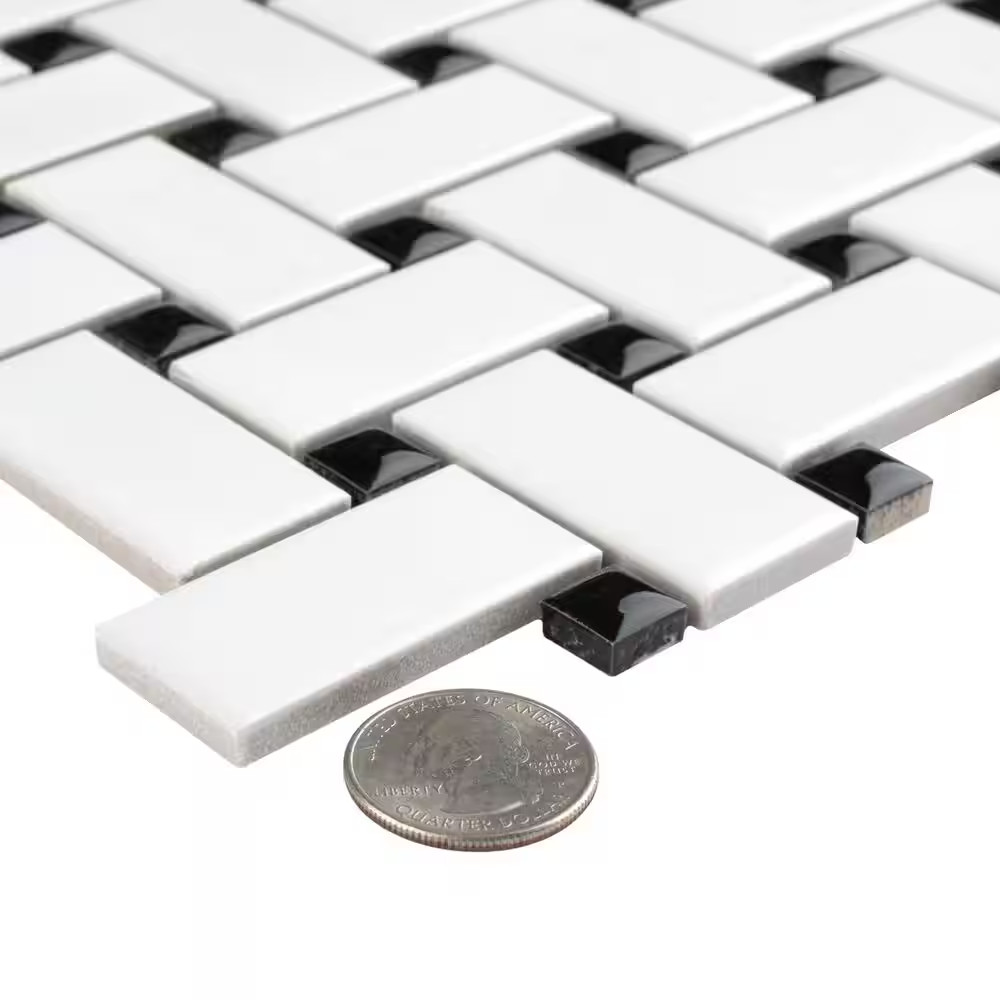 Metro Basketweave White with Black Dot 11-3/4 In. X 11-3/4 In. Porcelain Mosaic