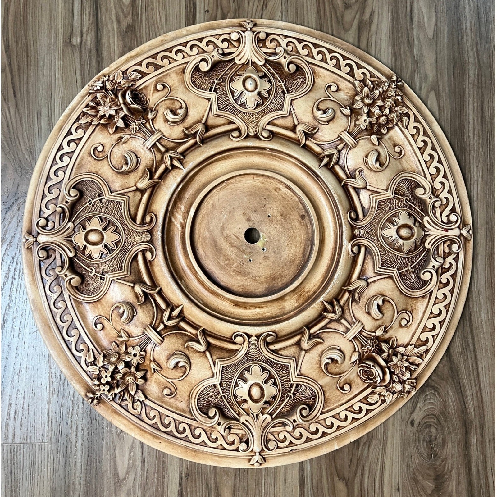 Ornate Ceiling Medallion Rose Flower Design Wood Look Resin Decor 24 Inch