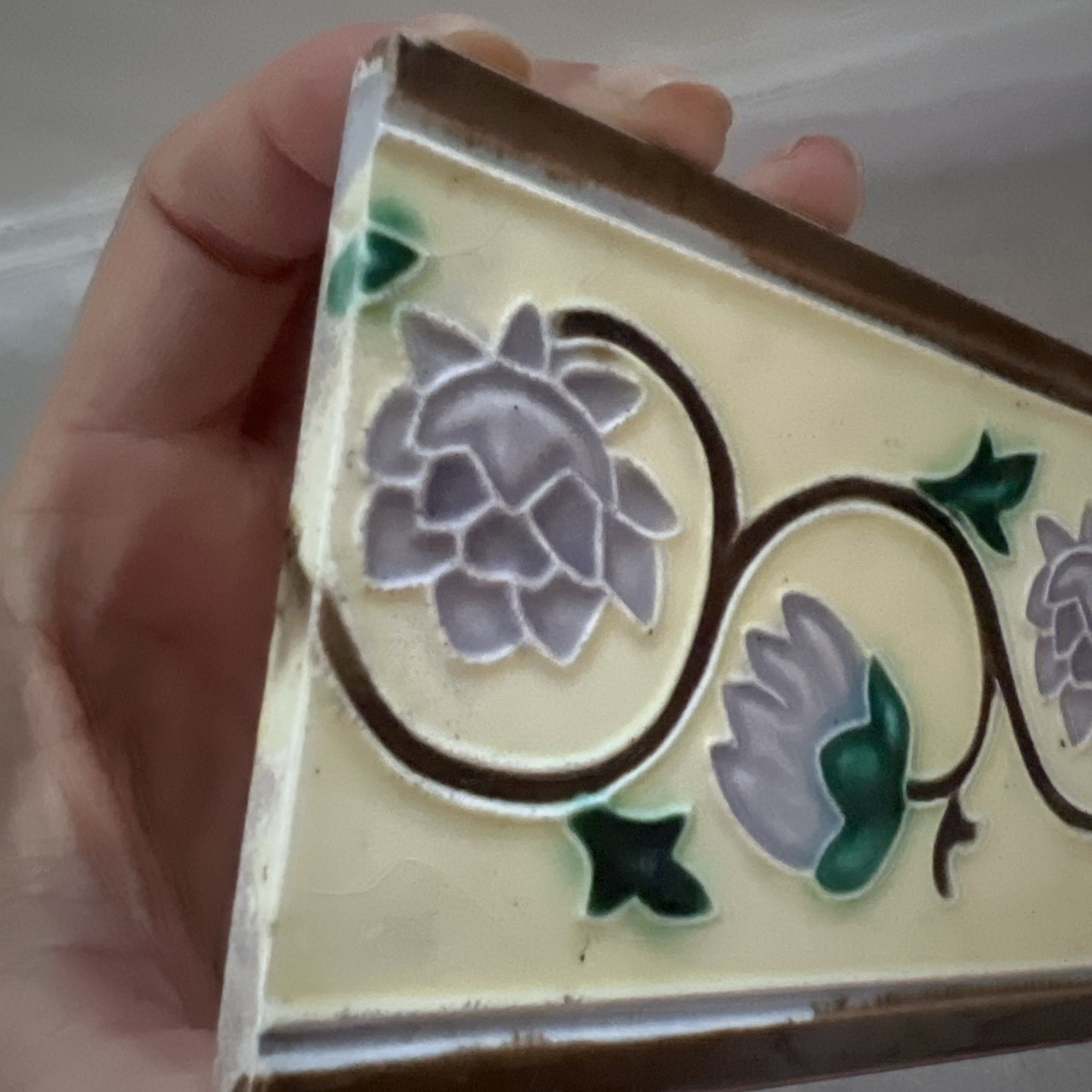 Antique Japanese Majolica Border Tiles Danto Kaisha DK Lotus Vine 6×3 Lot of 4