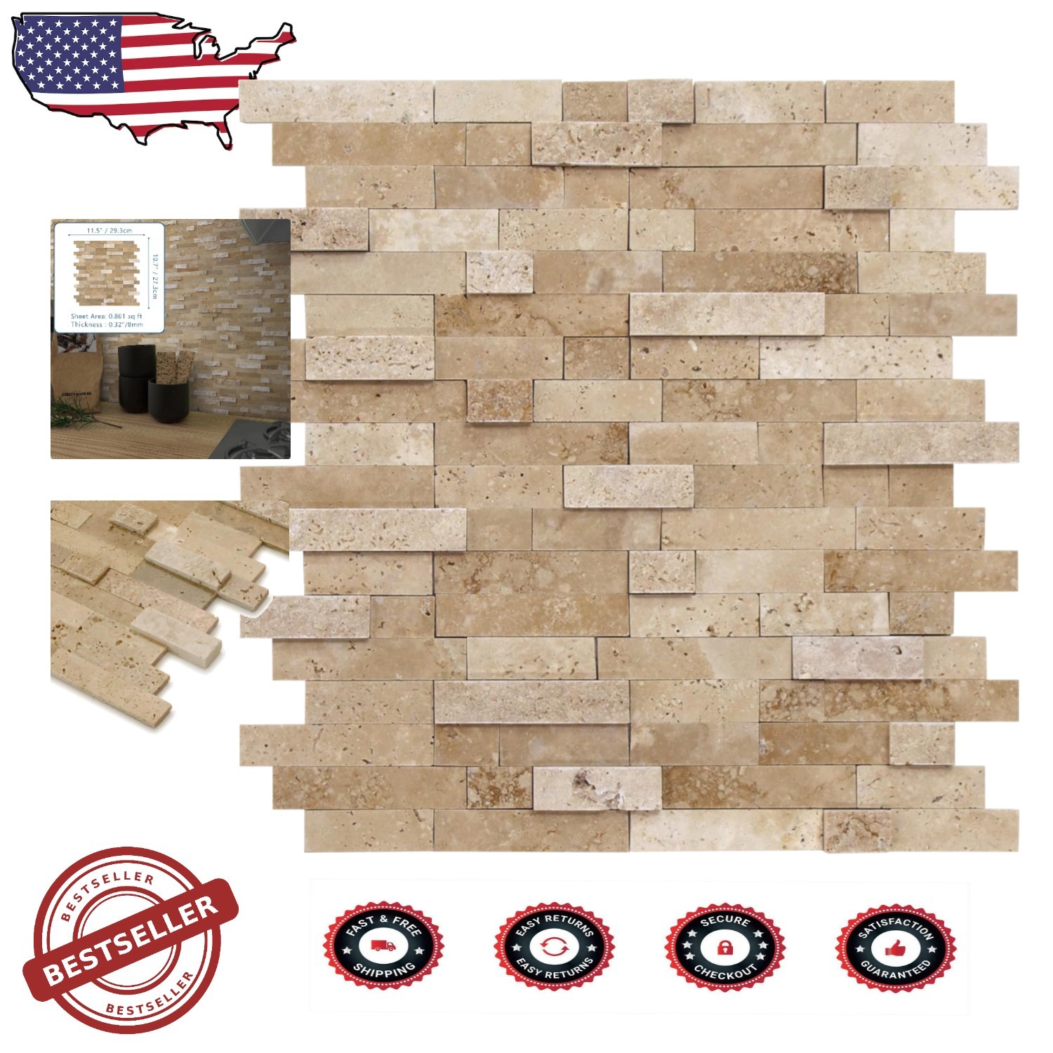 Natural Stone Mosaic Tiles Peel Stick 3D Beige Kitchen Backsplash Heat Resistant