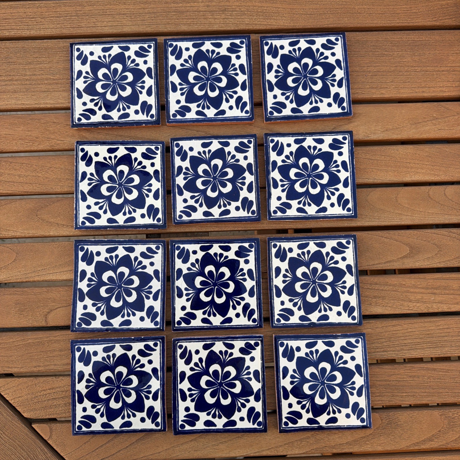 MEXICAN TALAVERA TILES 4×4 TERRACOTTA & BLUE FOLK ART