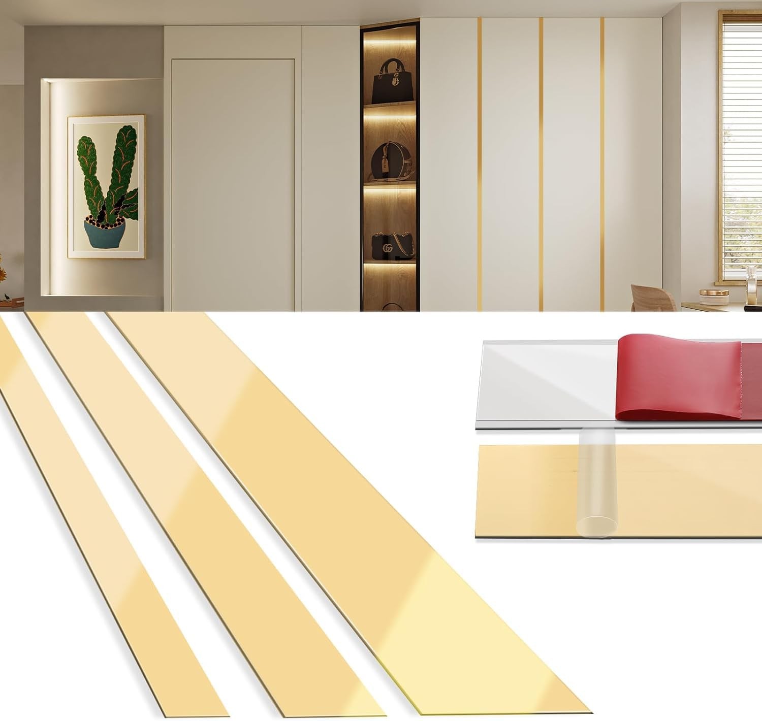 Stainless Steel Peel and Stick Molding Trim Mirror-Like Finish Metallic Gold Wal
