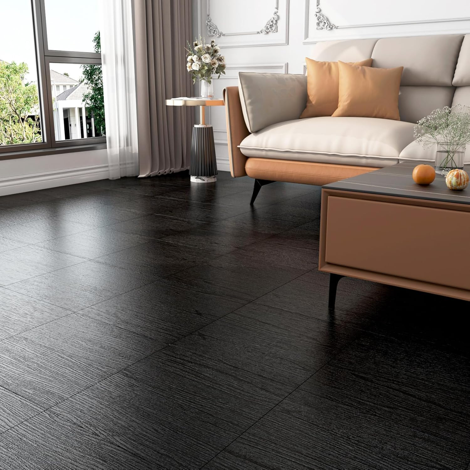 35-Pack 6″x36″ Black Wood Peel and Stick Waterproof Vinyl Flooring Planks