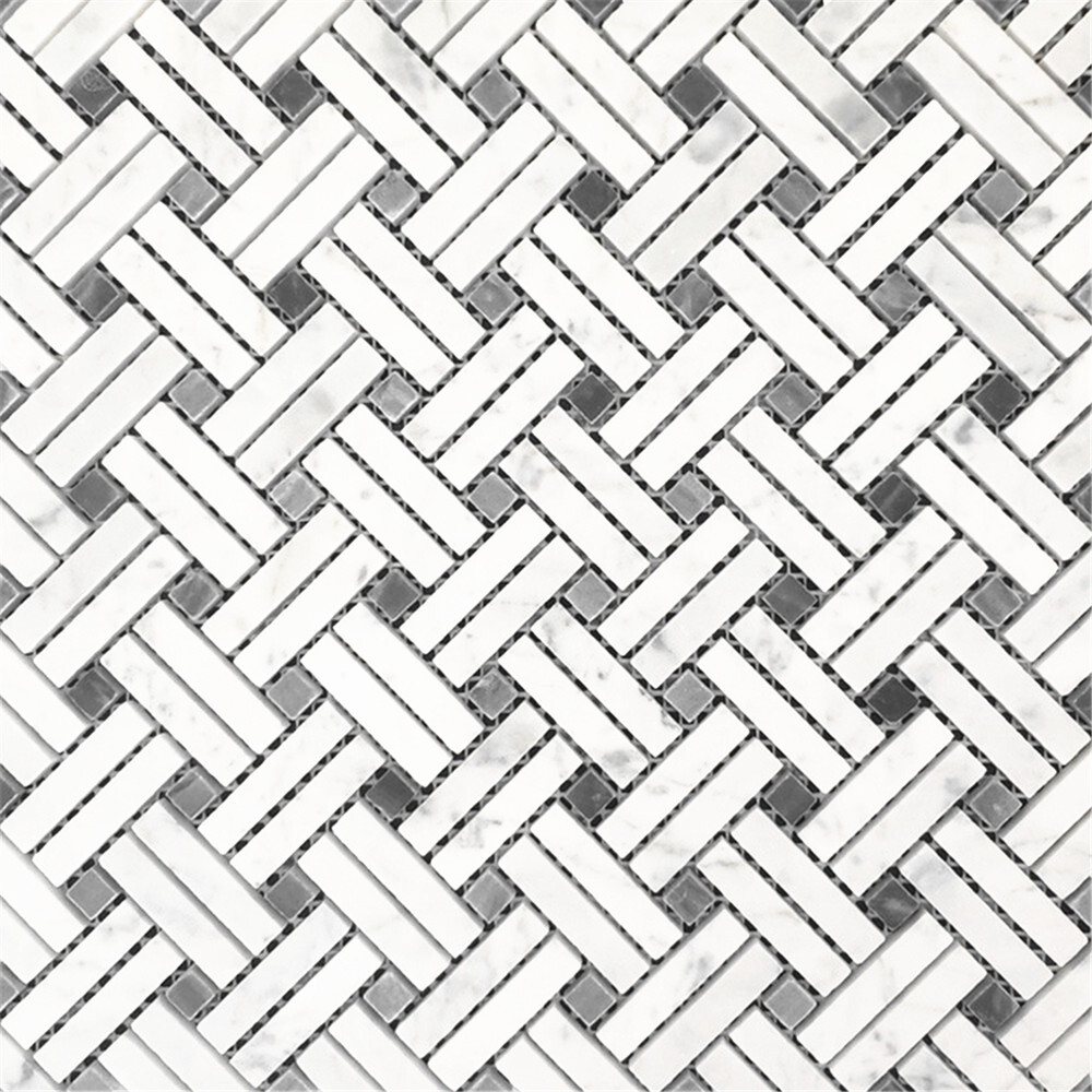 C697XH Carrara White Diagonal Basket Weave Gray dots Marble Mosaic Tile Honed