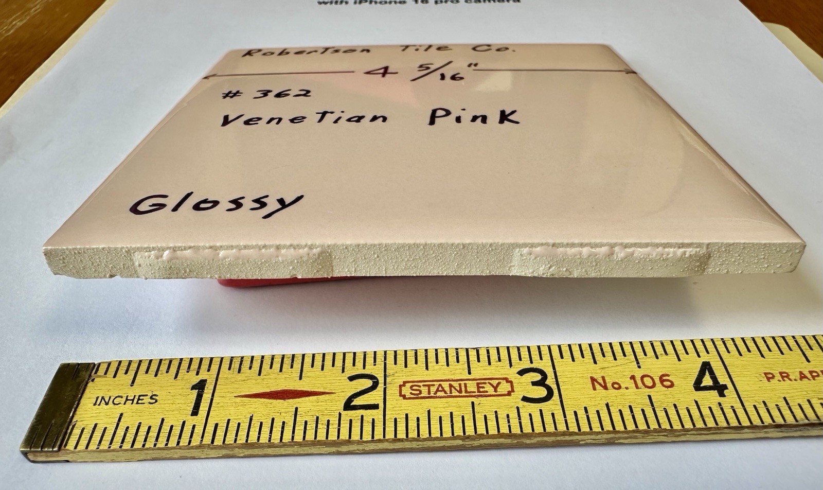 1 pc. Venetian Pink: 4-5/16″ Glossy Ceramic Tile, #362 by Robertson Tile Co. NOS