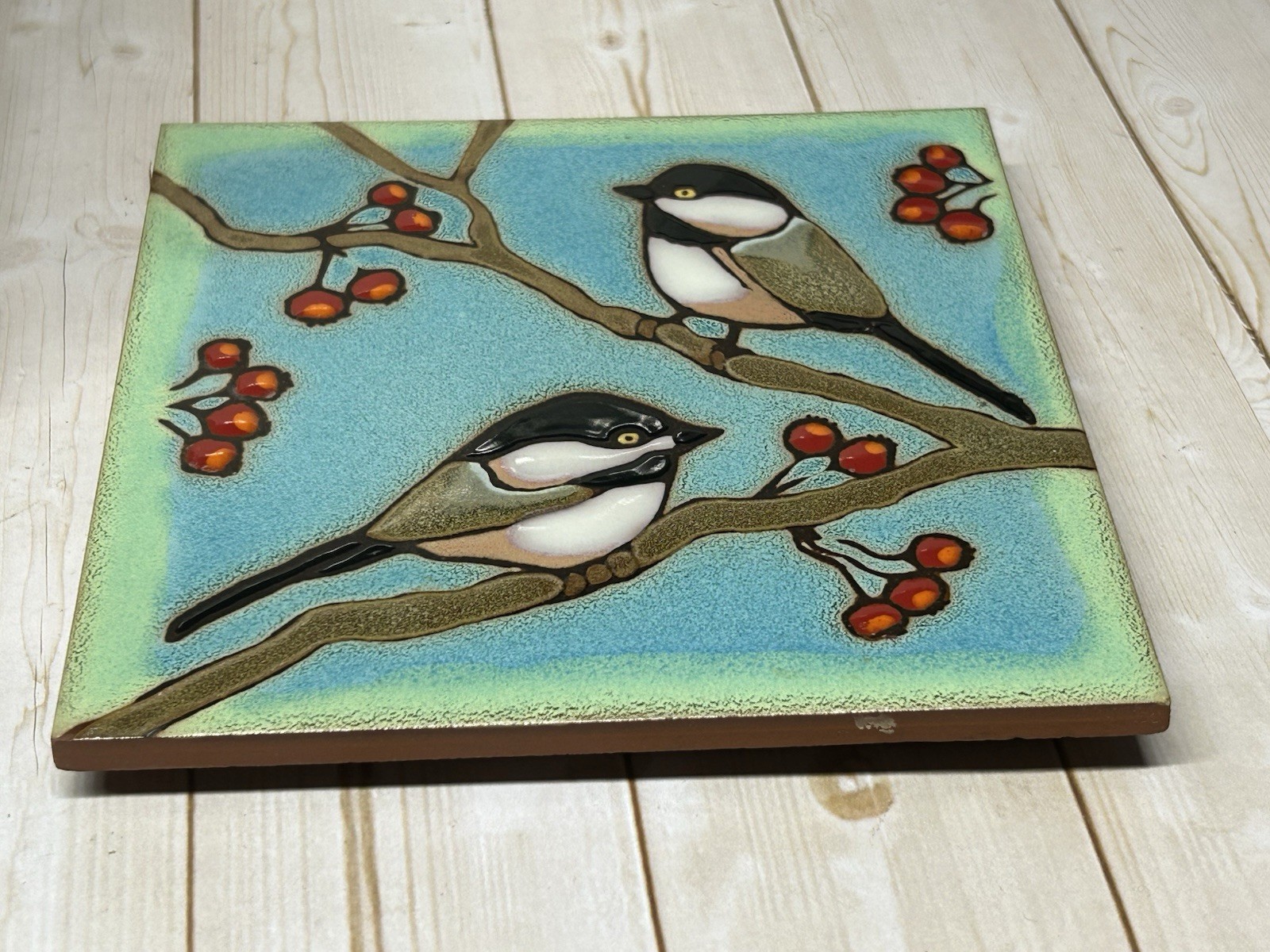 Blue Pacific Trivet Tile Chickadees Berries Hand Painted Hot Plate Wall Art 6”