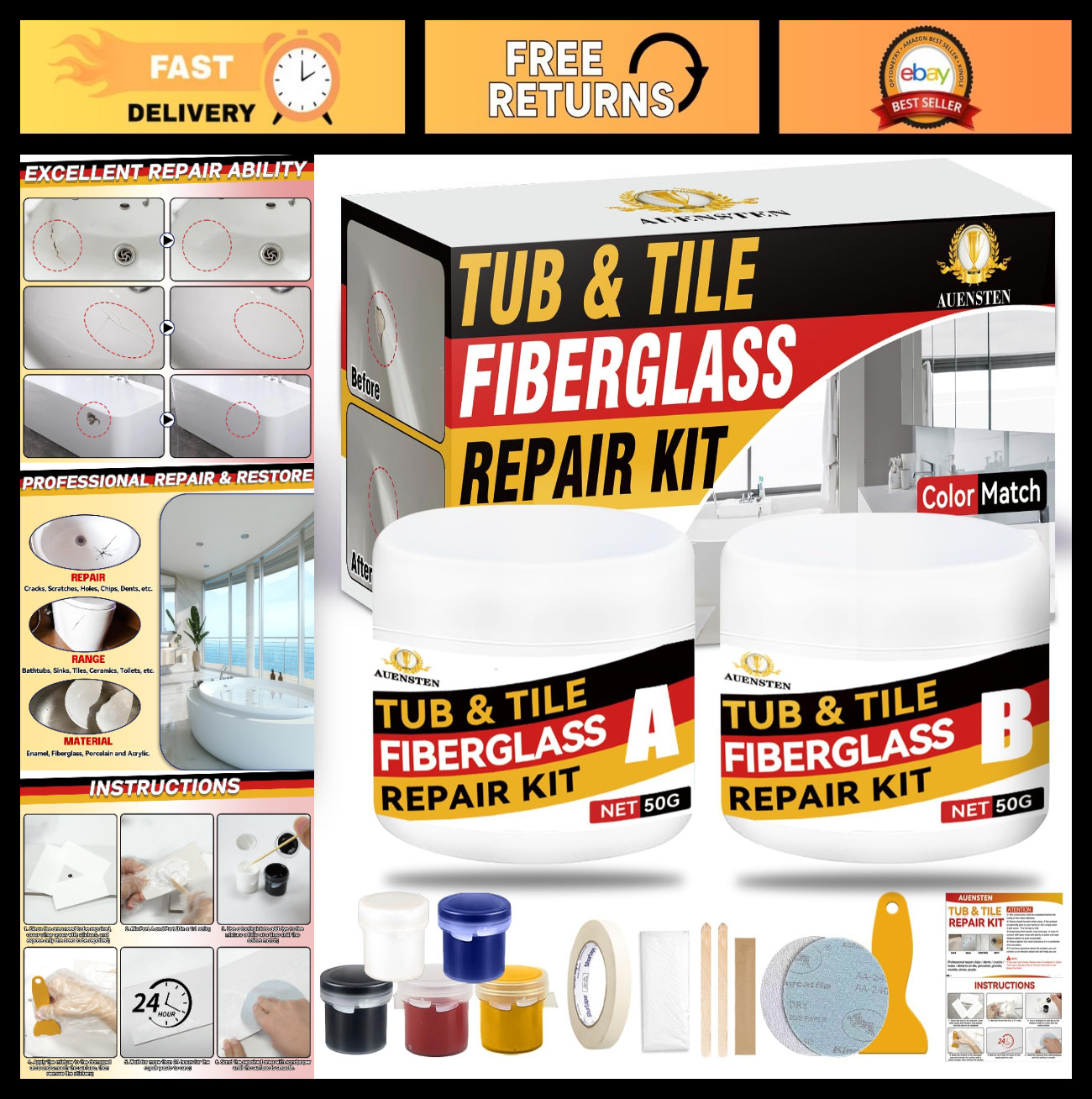 Bathtub Repair Kit – Fix Chips, Dents & Cracks in Fiberglass, Porcelain, Acrylic