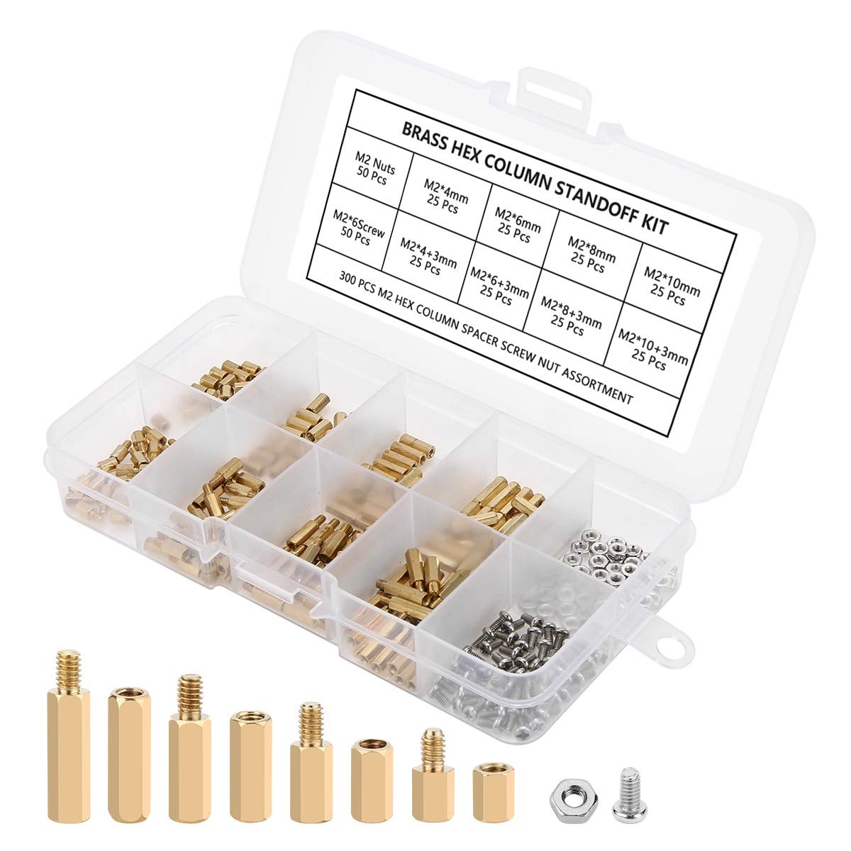 Mayitr 300Pcs M2 Brass Hex 4mm, 6mm, 8mm, 10mm, 7mm, 9mm, 11mm, 13mm, brass