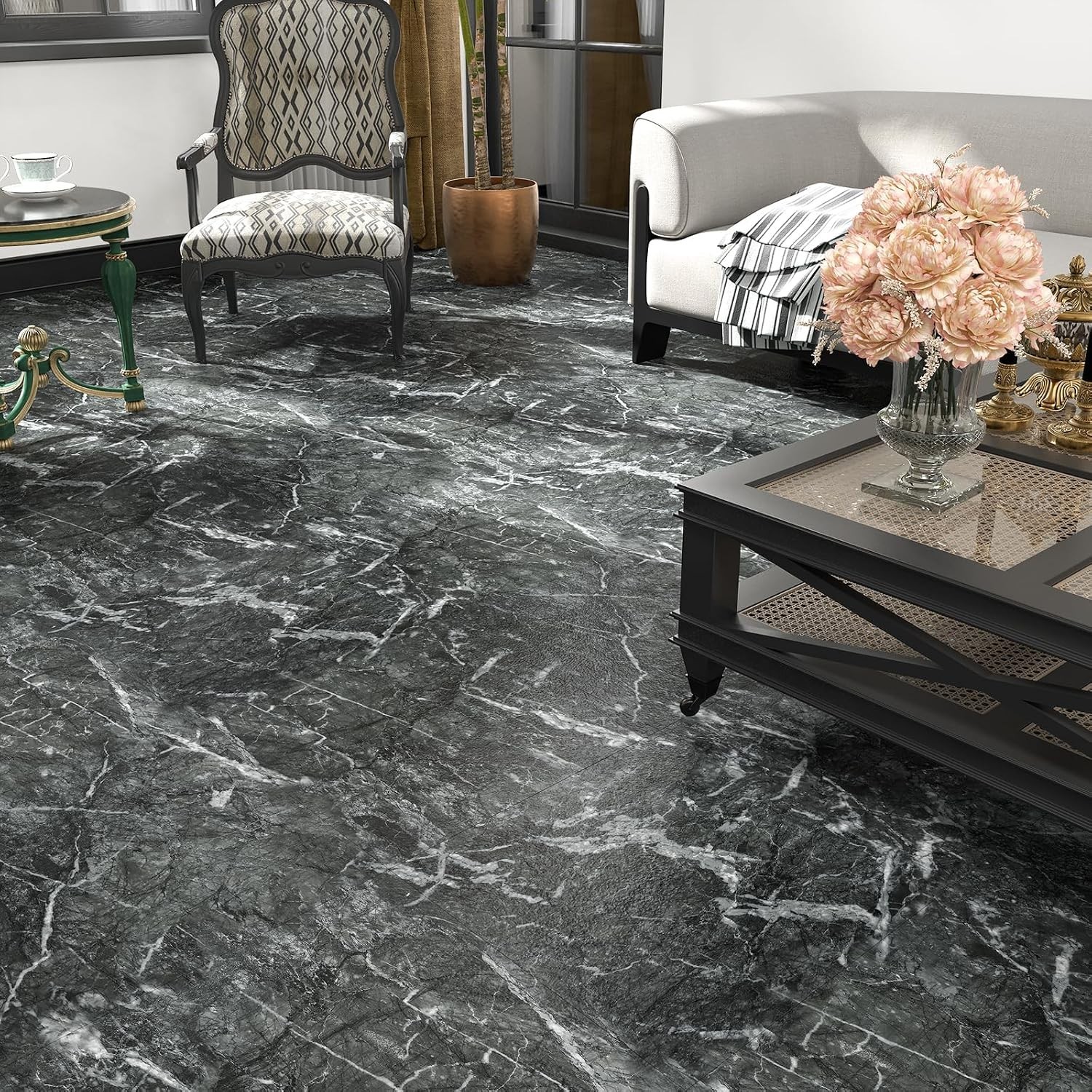 12″x12″ Peel and Stick Floor Tile Waterproof Black Grey Slate Marble Flooring…