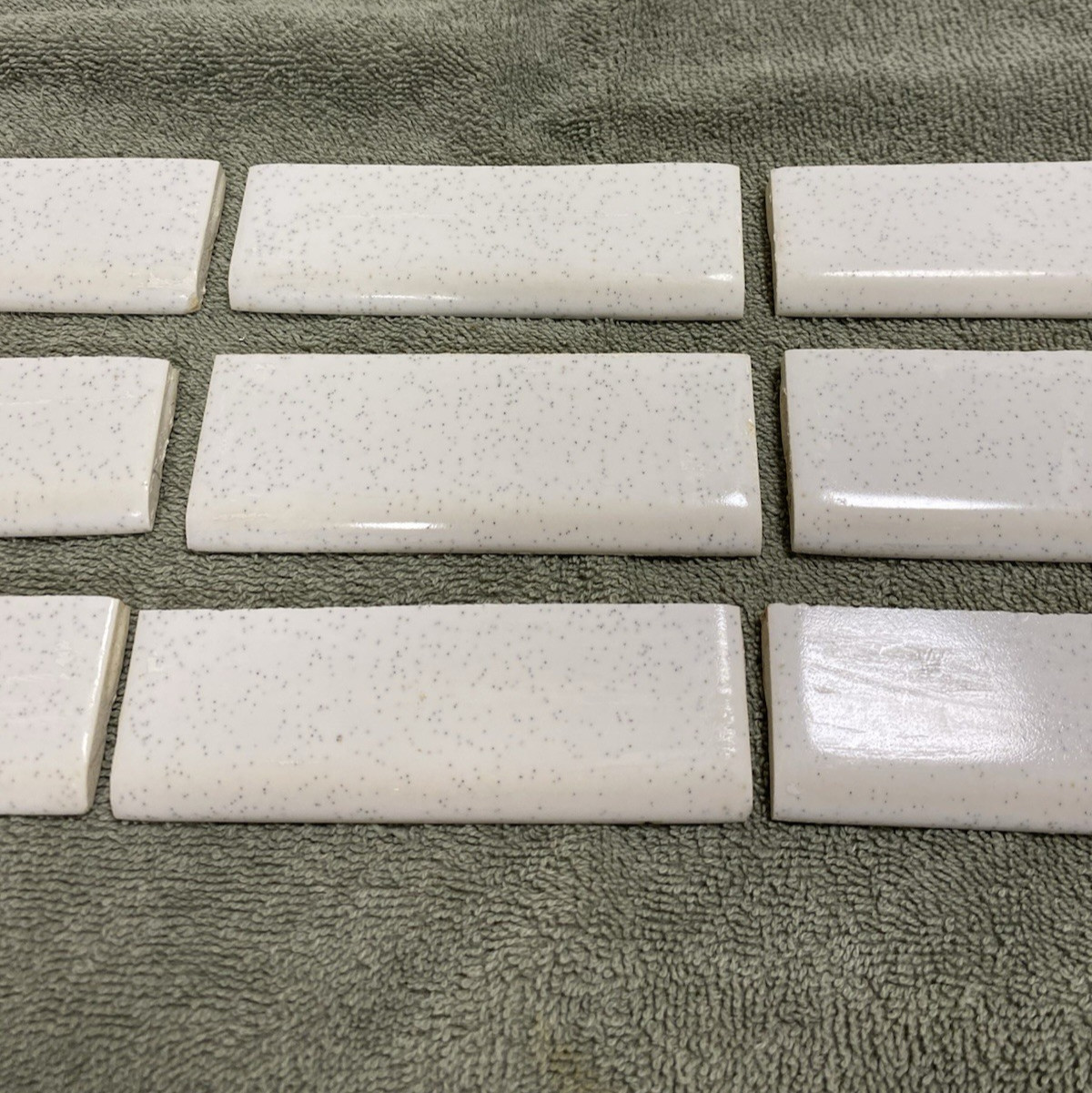 9 Vintage (1950-60s) White Speckled Ceramic Tile – CUT BULLNOSE – 1.5×4.25