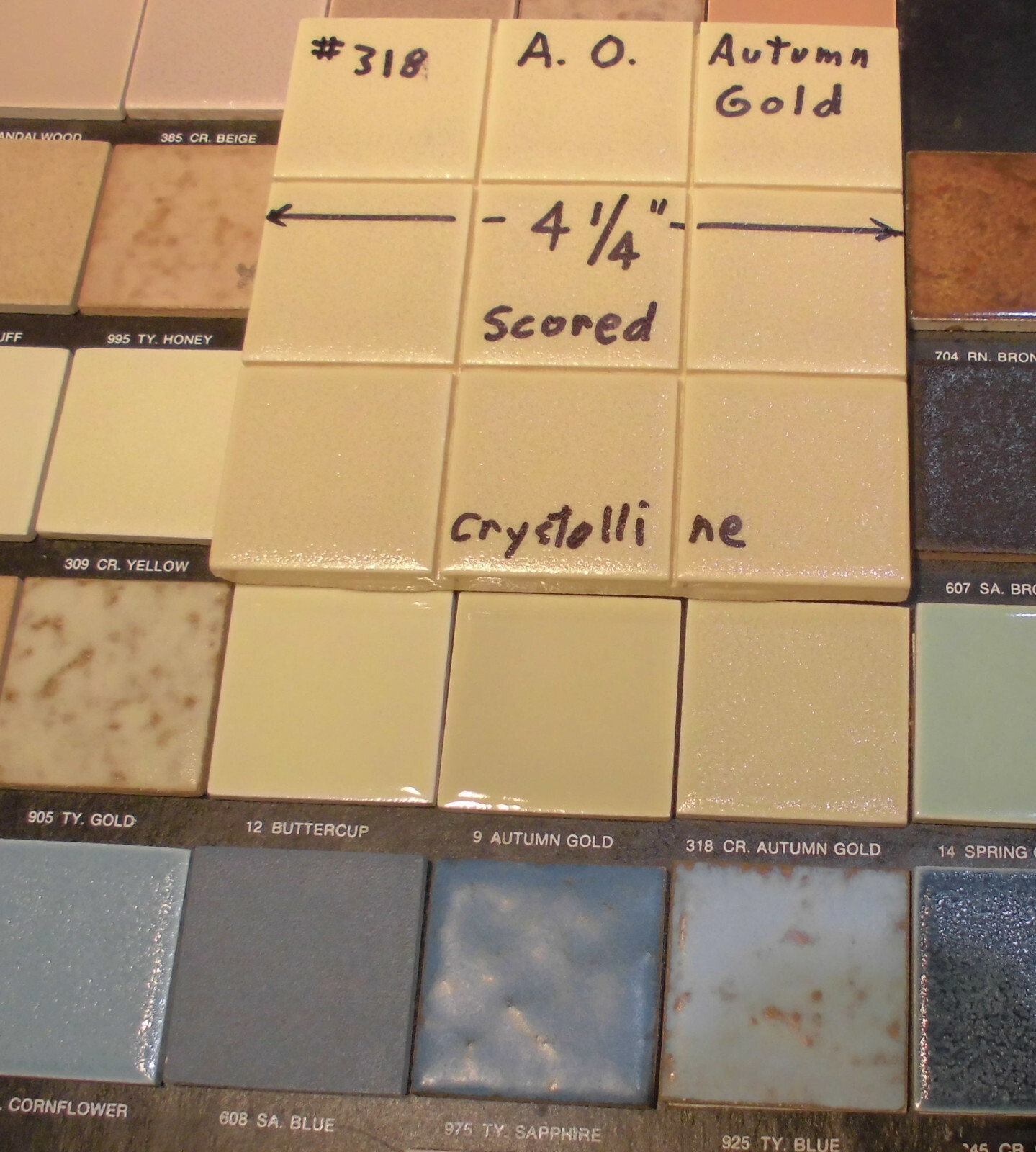1 pc. 4-1/4″ Ceramic Tile *Autumn Gold* Scored 9ths: Crystalline, American Olean