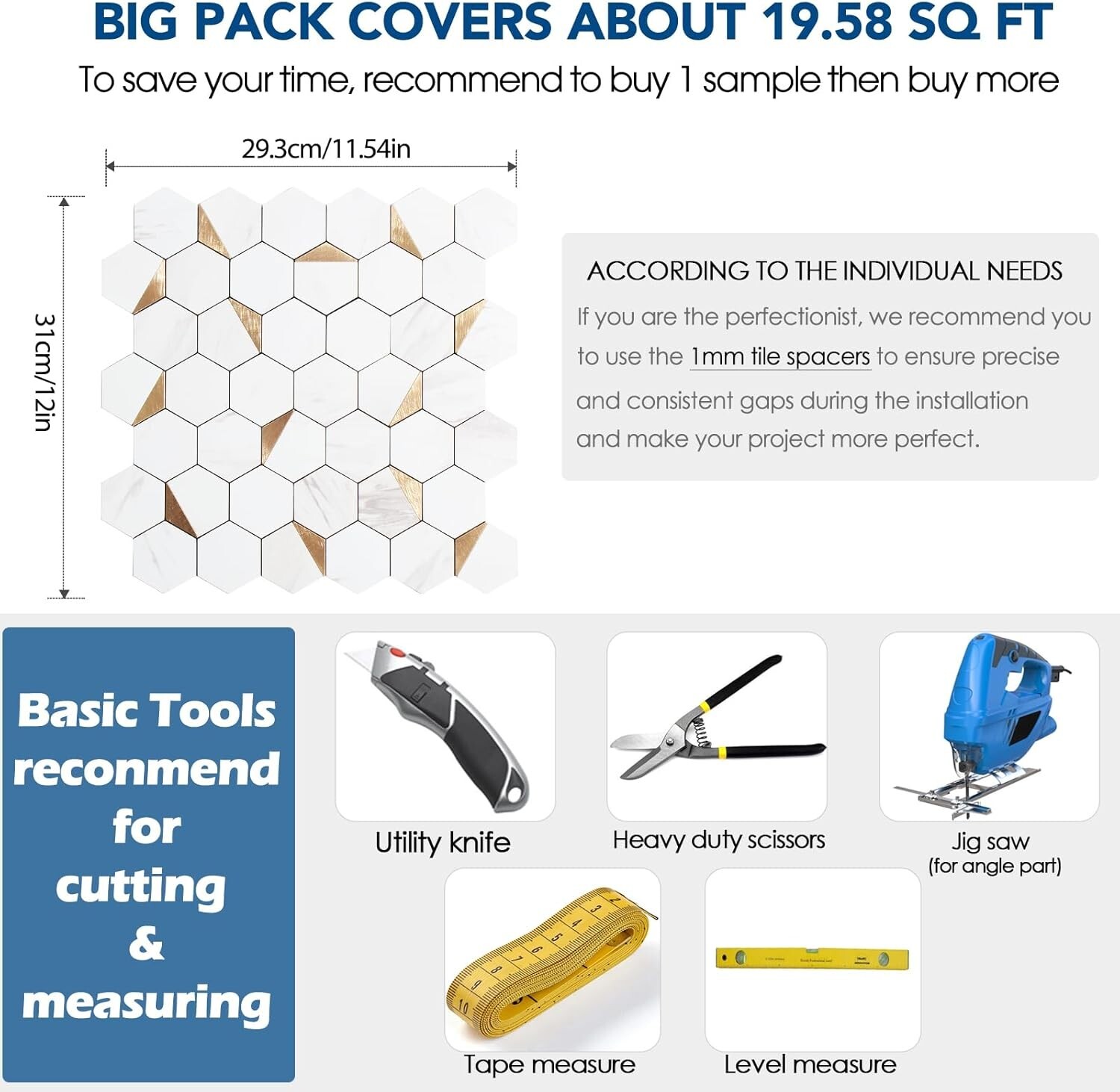 10-Sheet Hexagon Peel and Stick Backsplash Tile 12×12 inches Carla White Mixed M