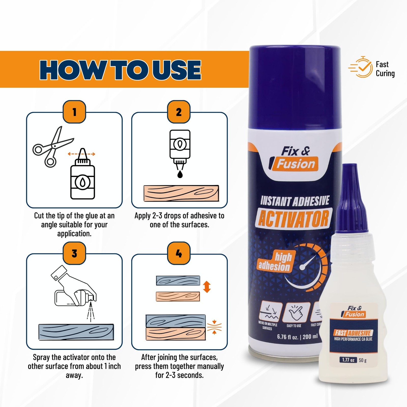 FIX & FUSION Ca Super Glue (1.77 Oz) with Activator Spray (6.76 Fl Oz) Set, F…