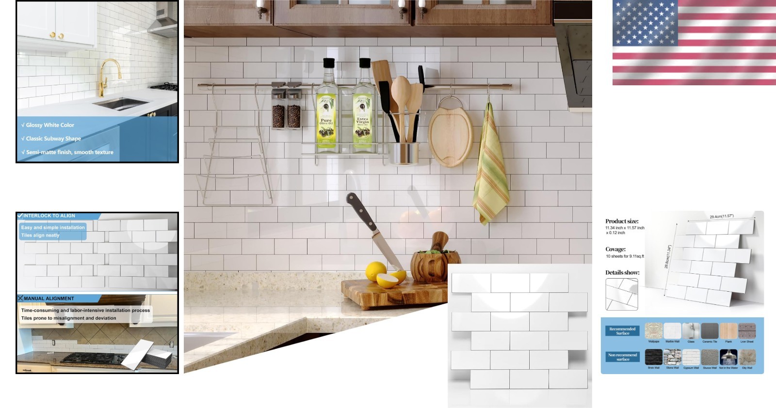 Elegant Peel and Stick Backsplash Tile 11.34″x11.57″ – 10 Pack in Glossy White